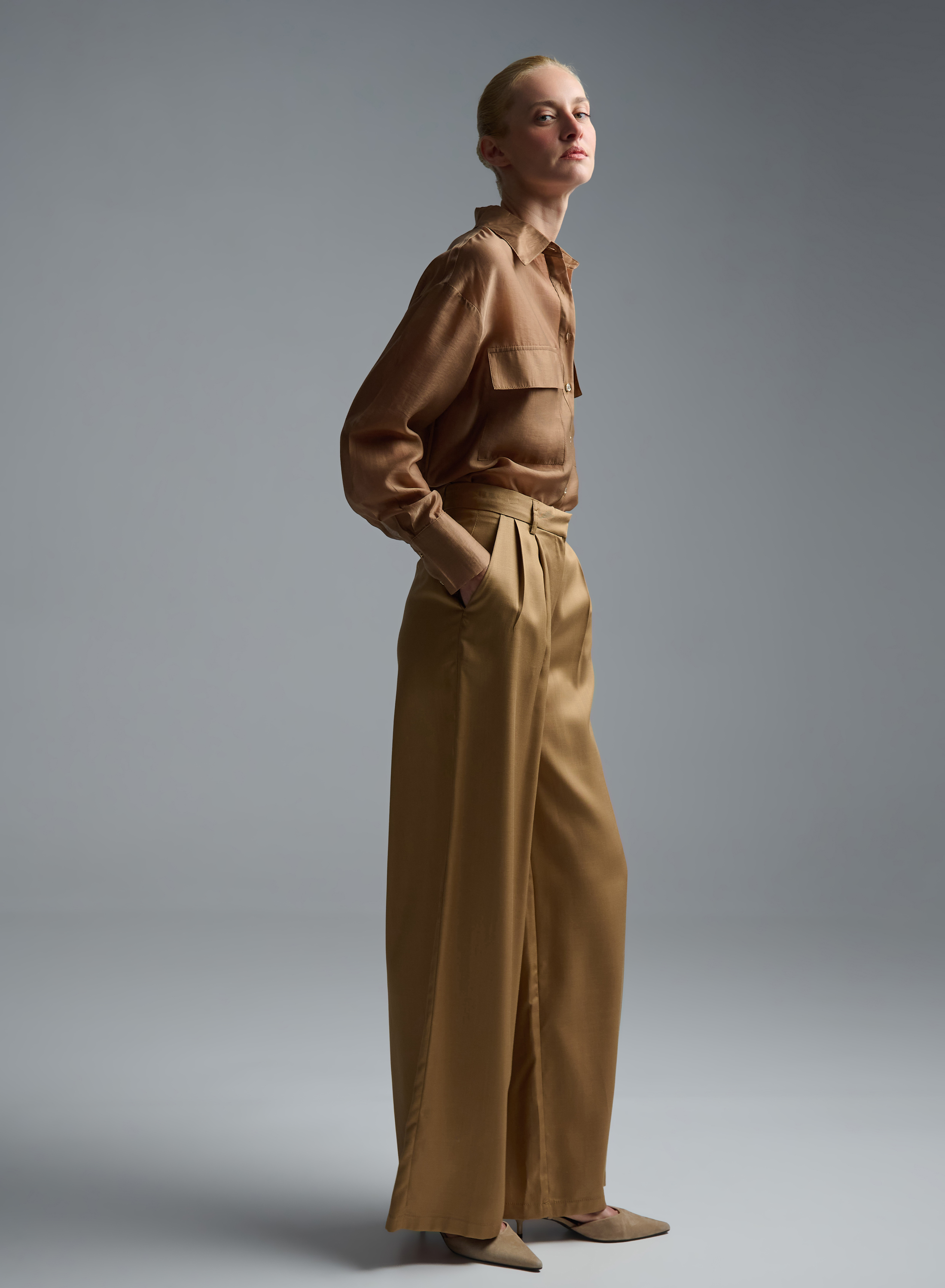 Κάμελ wide legs Παντελόνι με πιέτες Eco - 0
