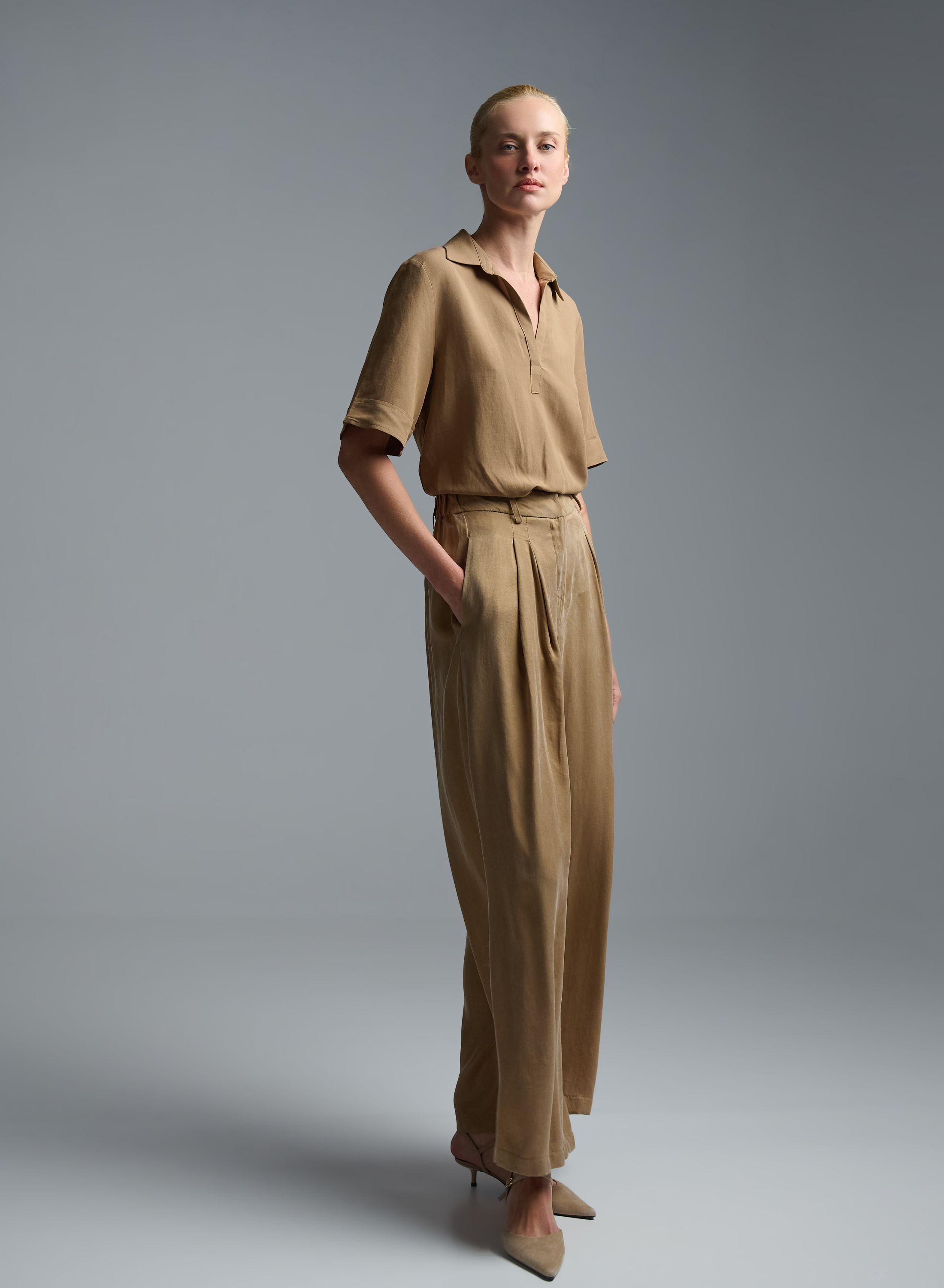 Κάμελ wide legs Παντελόνι με πιέτες Eco - 1