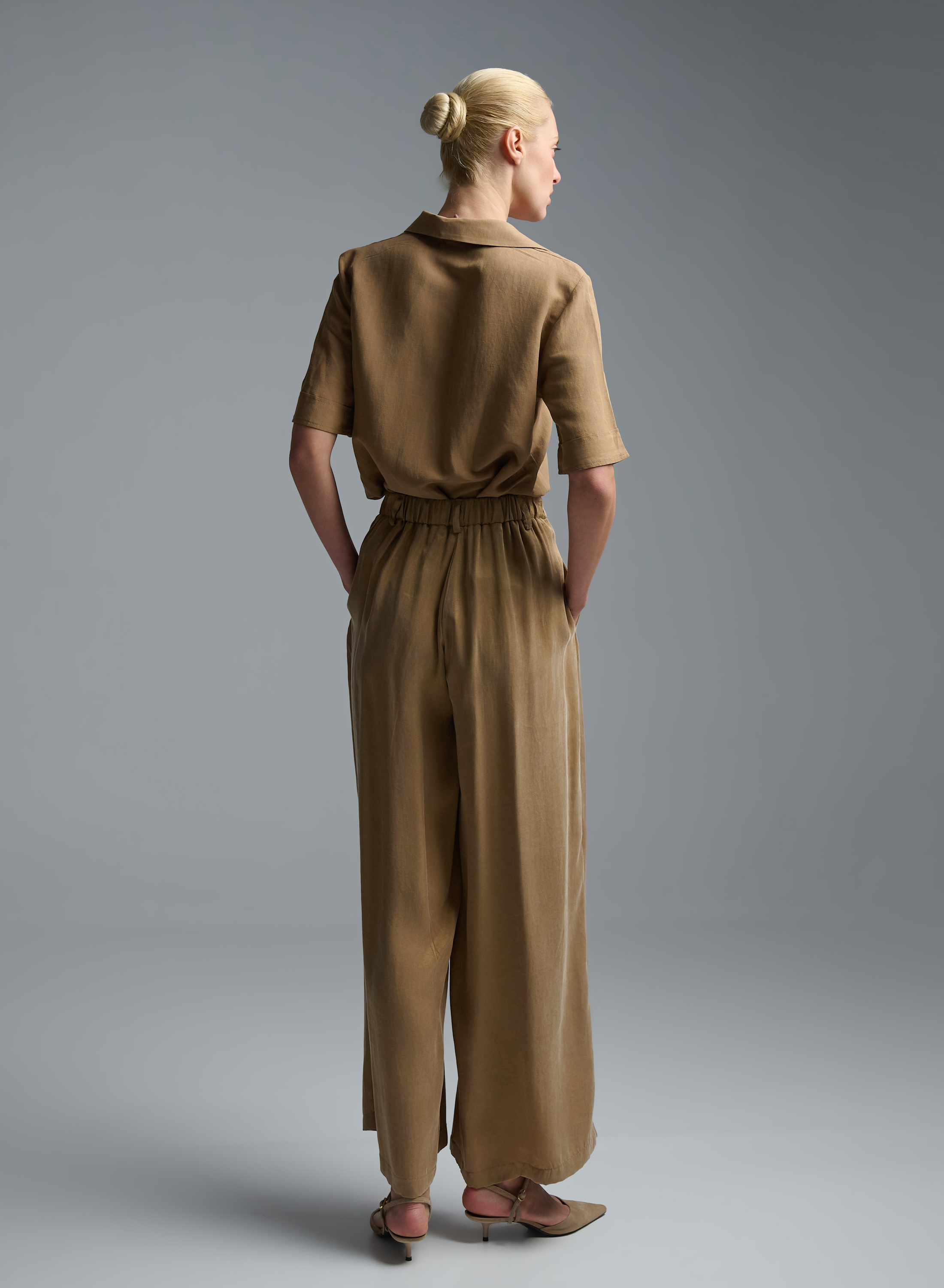 Κάμελ wide legs Παντελόνι με πιέτες Eco - 4