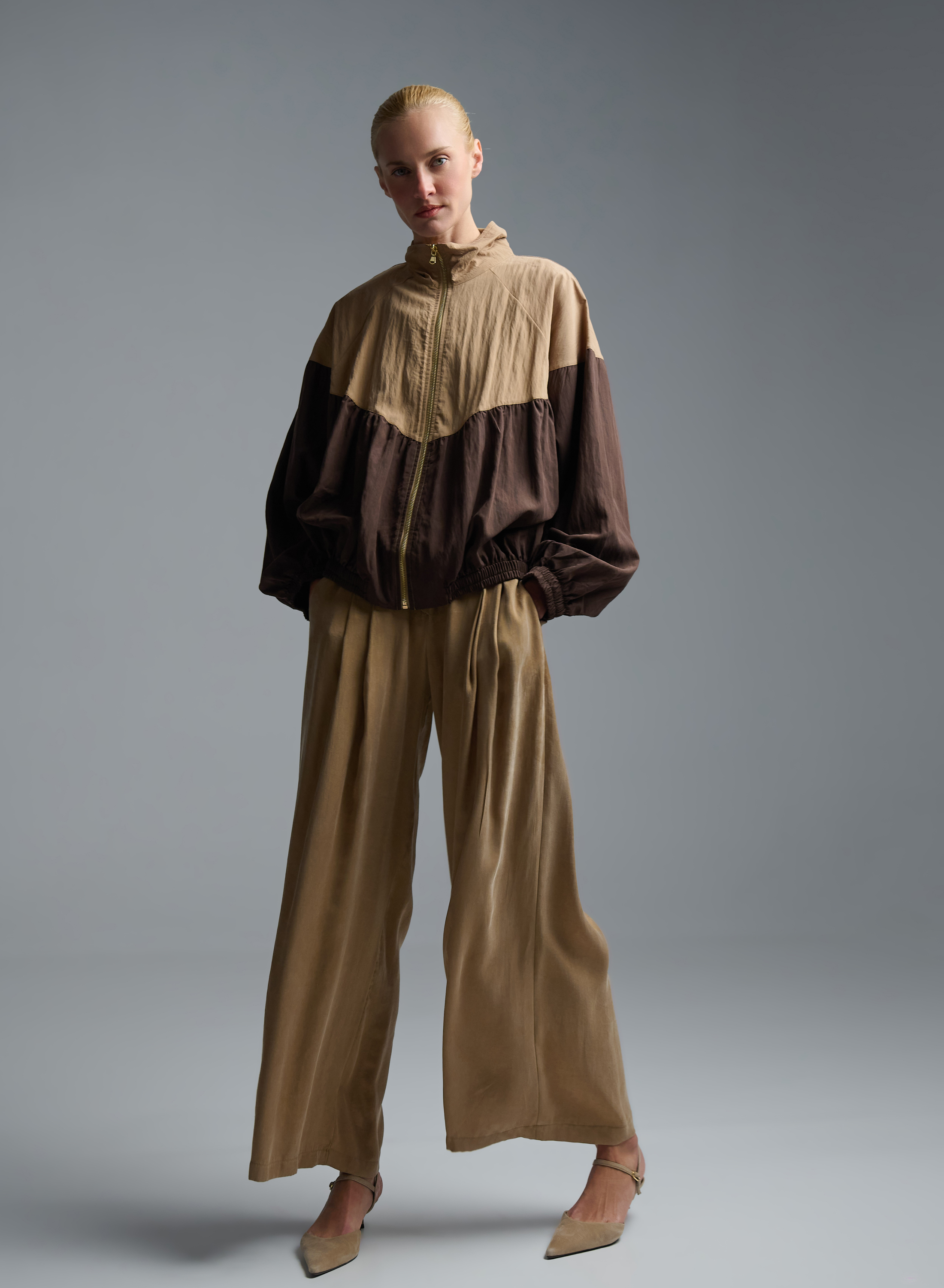 Κάμελ wide legs Παντελόνι με πιέτες Eco - 3