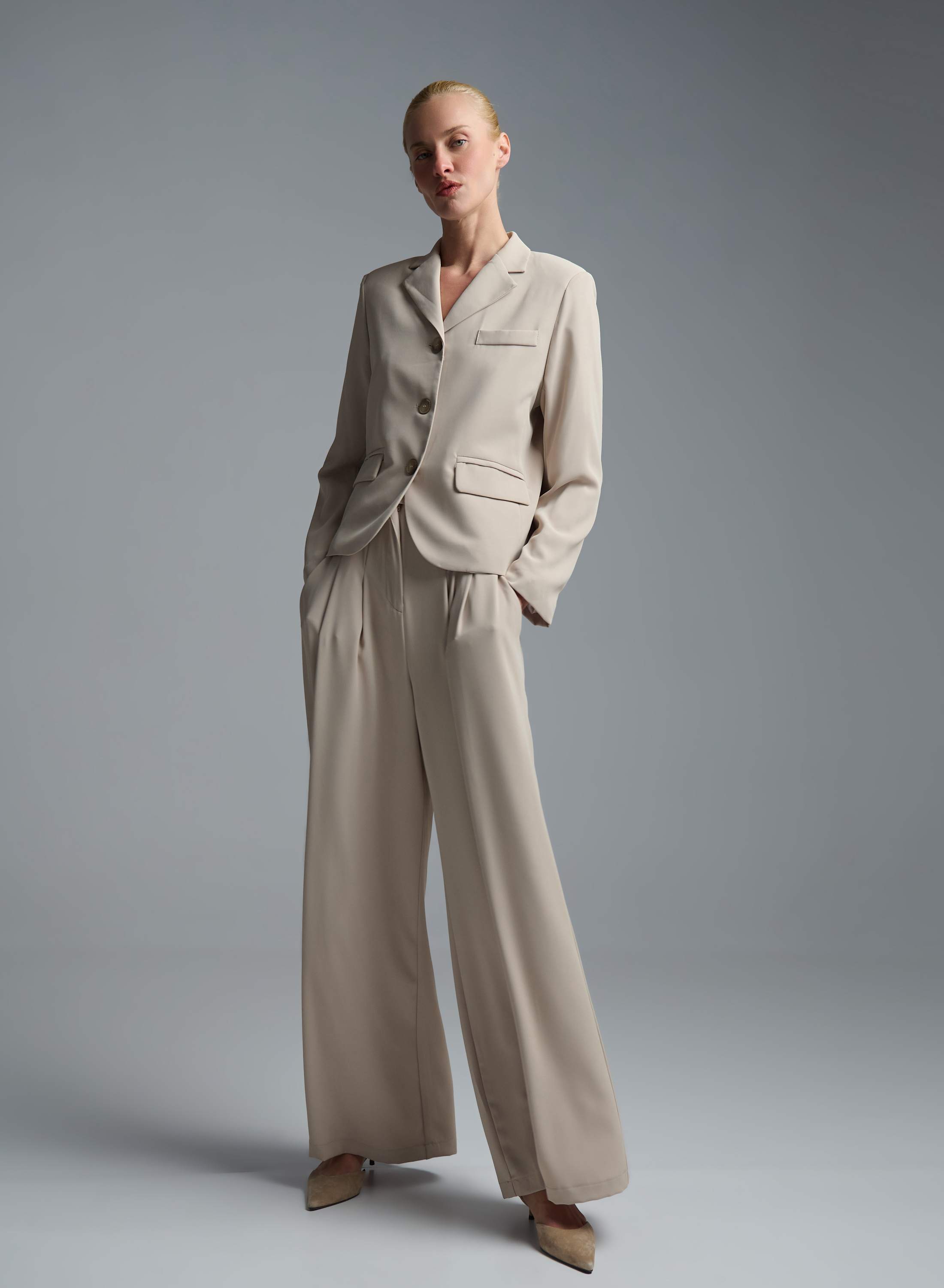 Μπεζ wide legs Παντελόνι με ζώνη Tensione Inn - 2