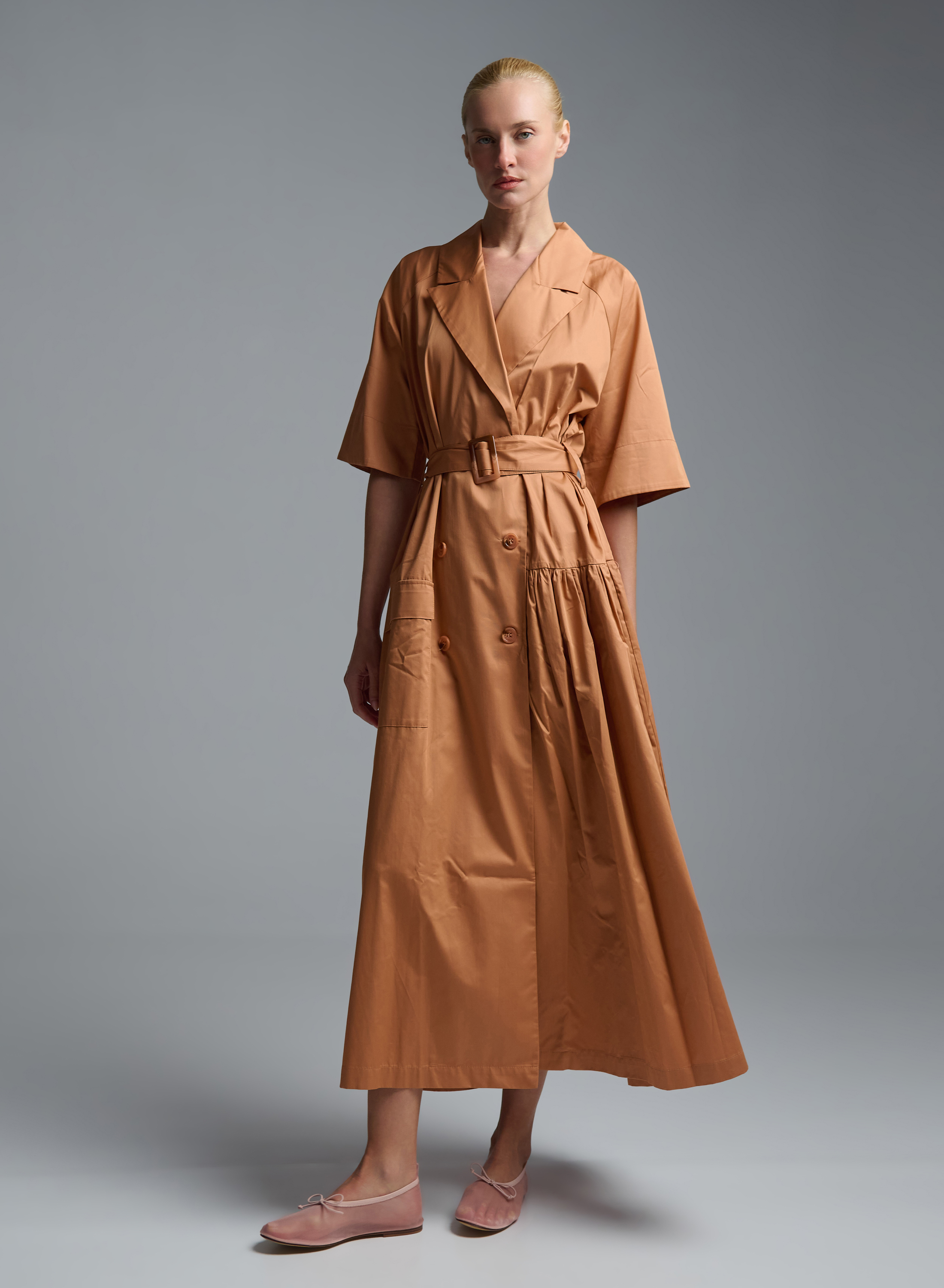Copy of Orange douvble breasted popline Dress with belt and with lapel "WANDER"  Devotion Twins - 1