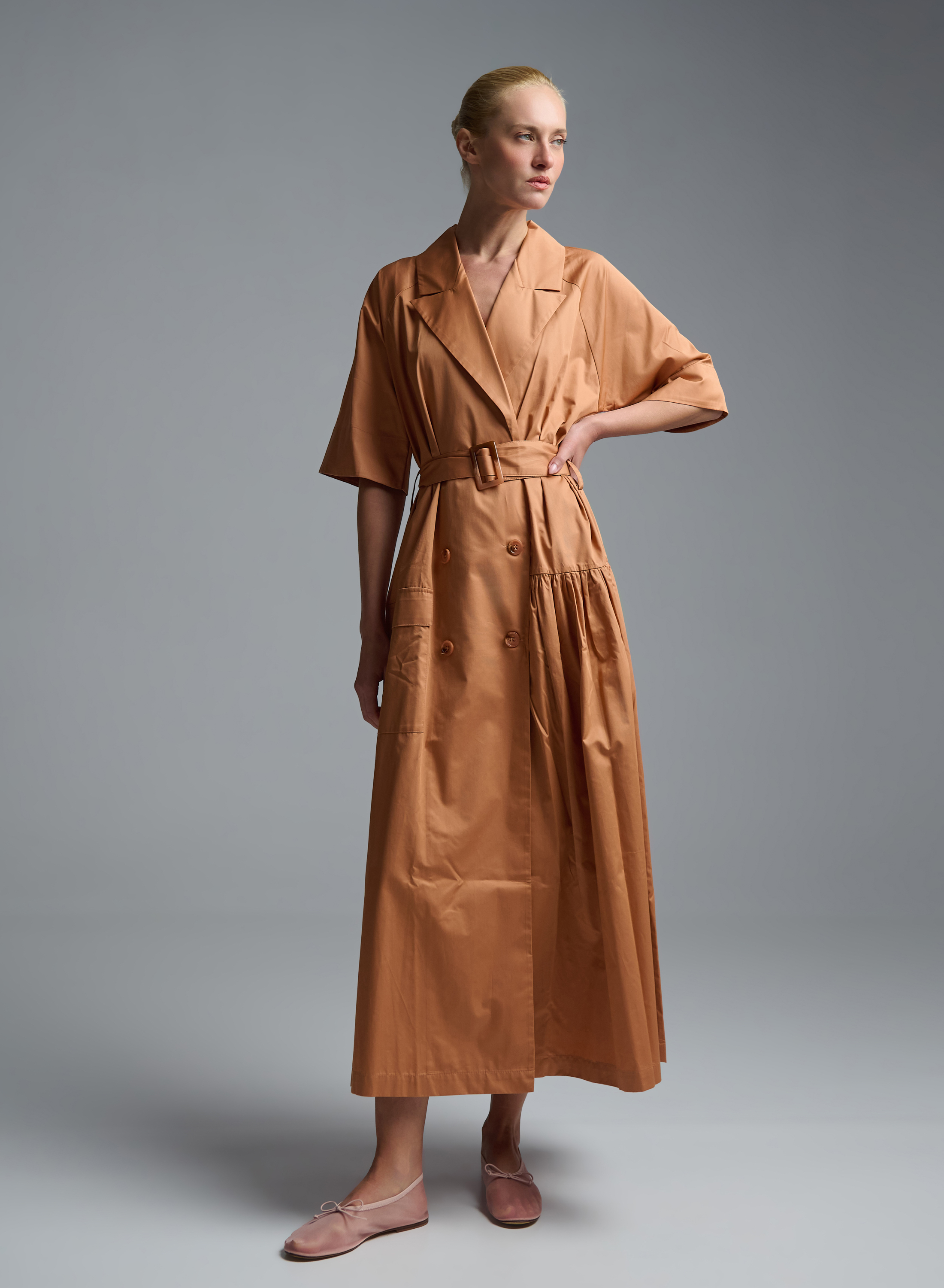Copy of Orange douvble breasted popline Dress with belt and with lapel "WANDER"  Devotion Twins - 4