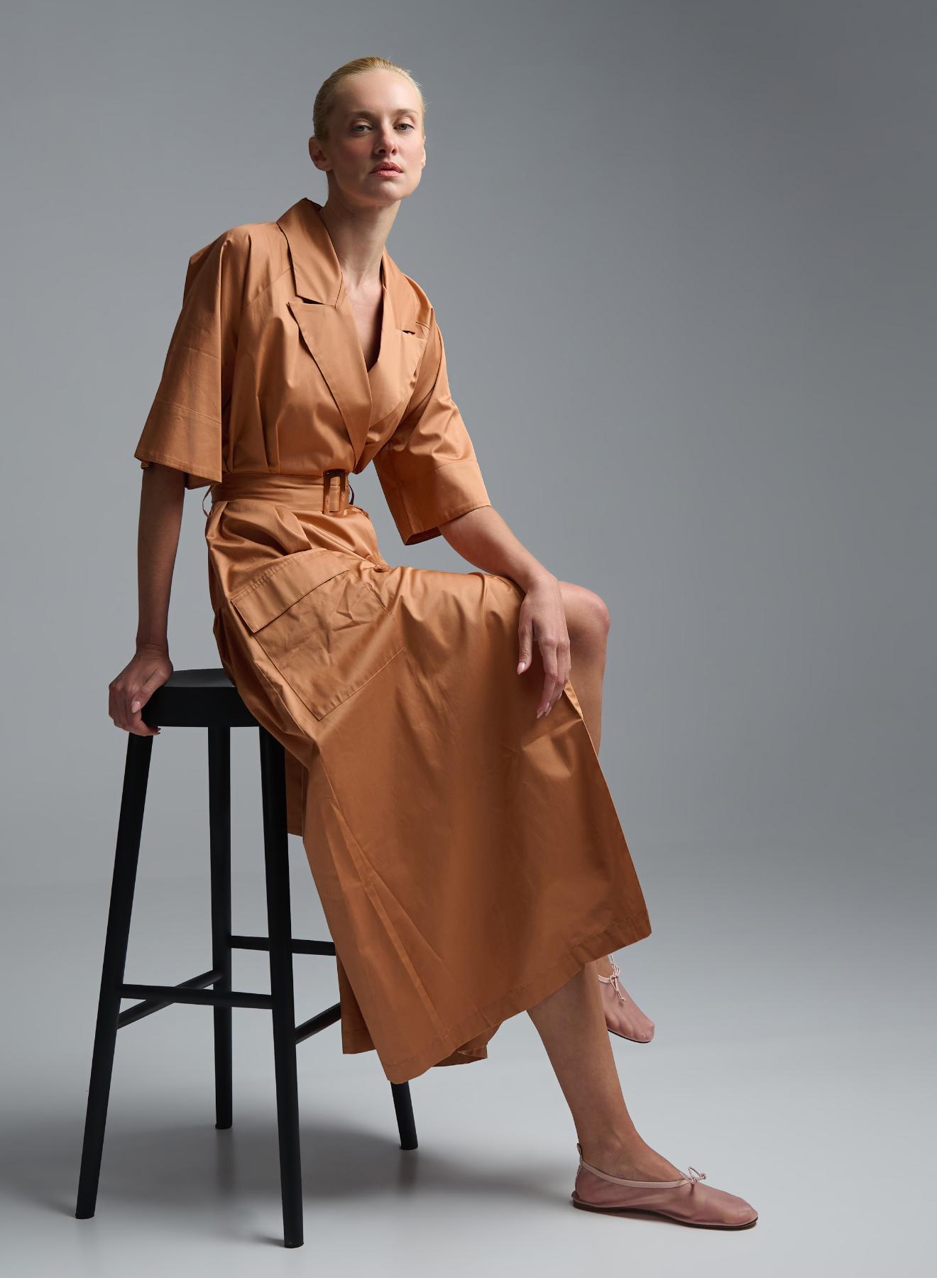 Copy of Orange douvble breasted popline Dress with belt and with lapel "WANDER"  Devotion Twins - 4