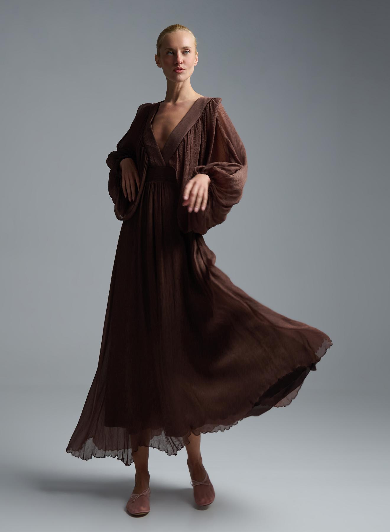 Chocolate long Dress with V neckline and with wide sleeves Imperial - 4