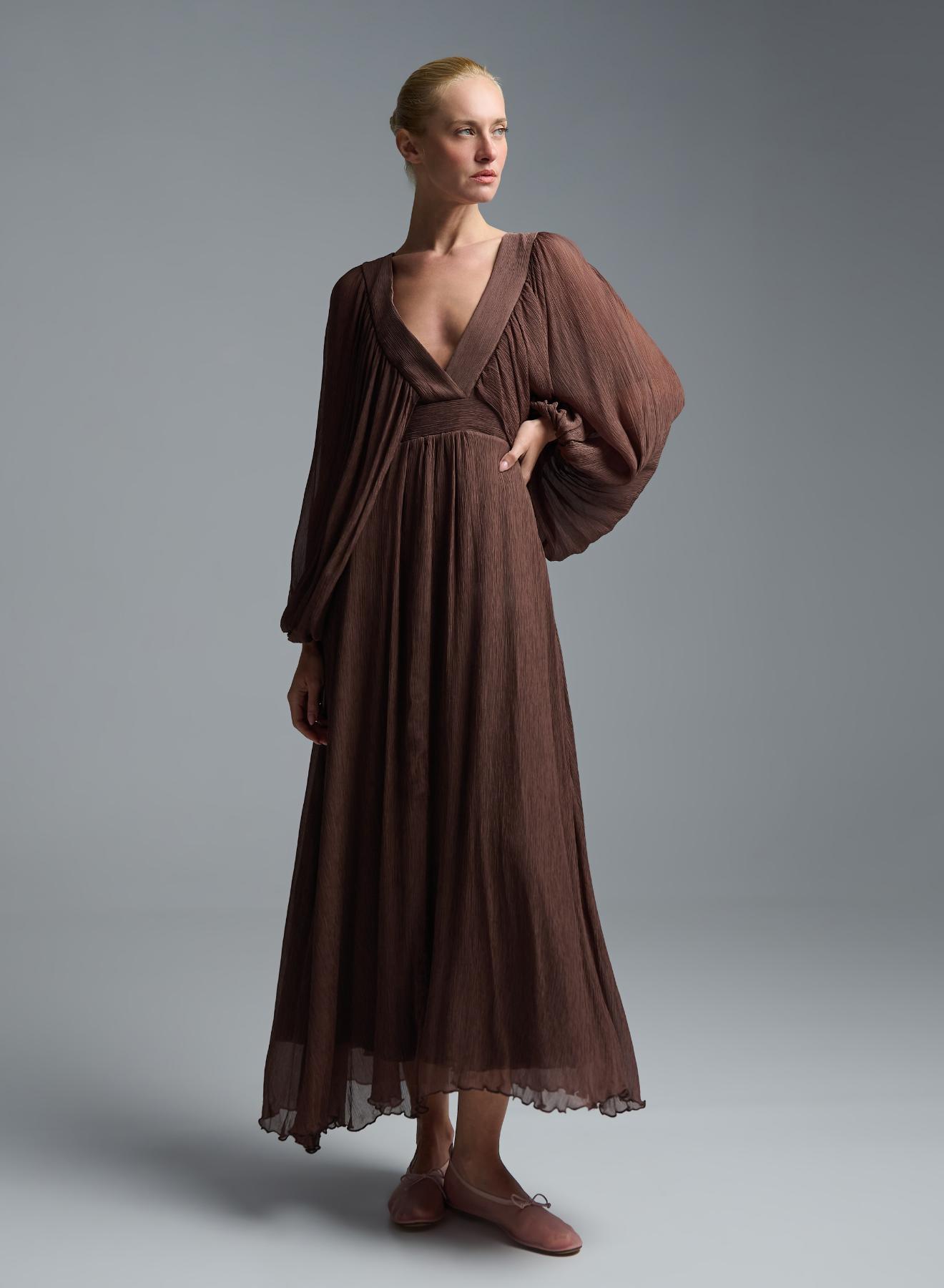 Chocolate long Dress with V neckline and with wide sleeves Imperial - 2