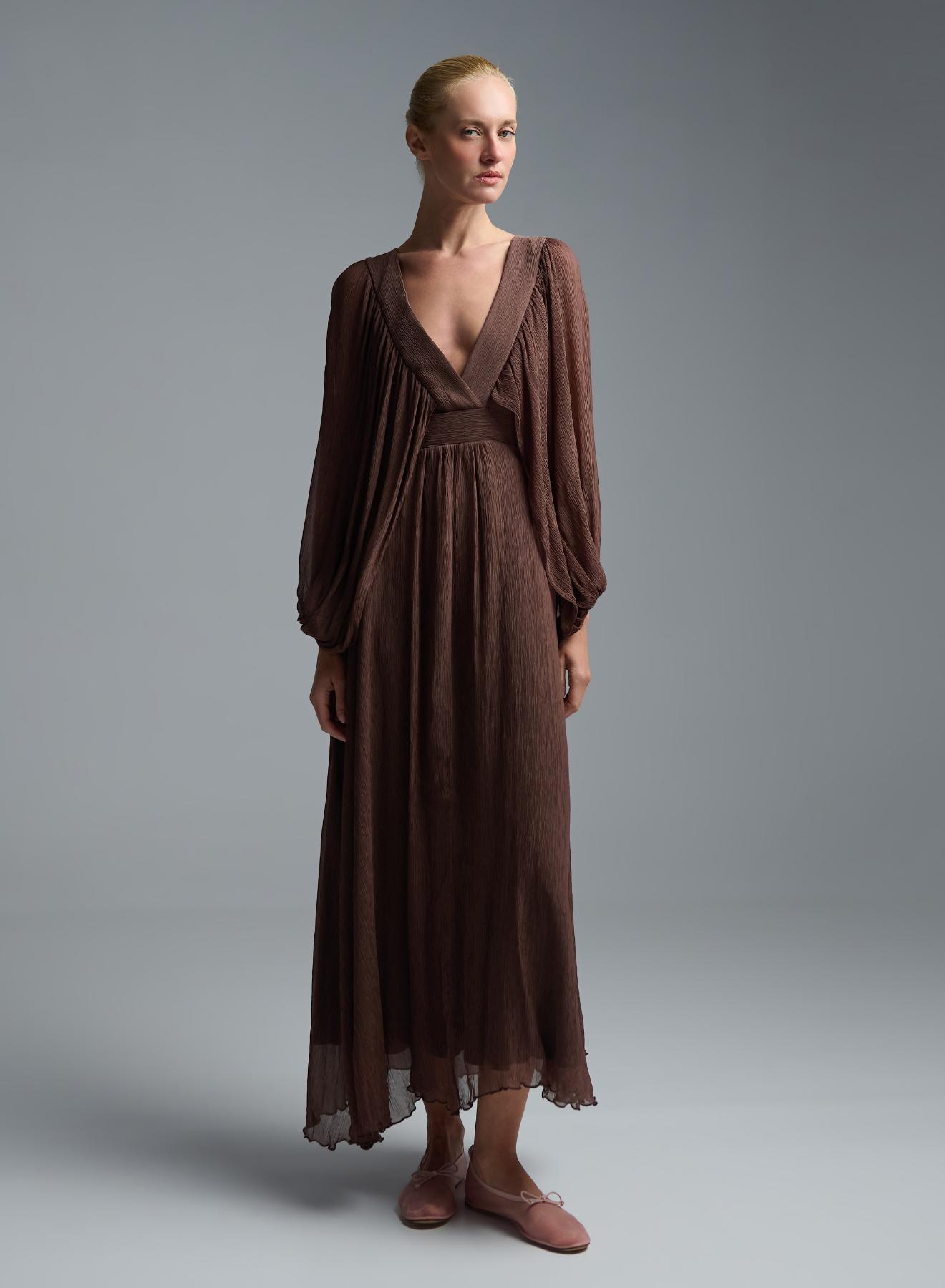 Chocolate long Dress with V neckline and with wide sleeves Imperial - 1