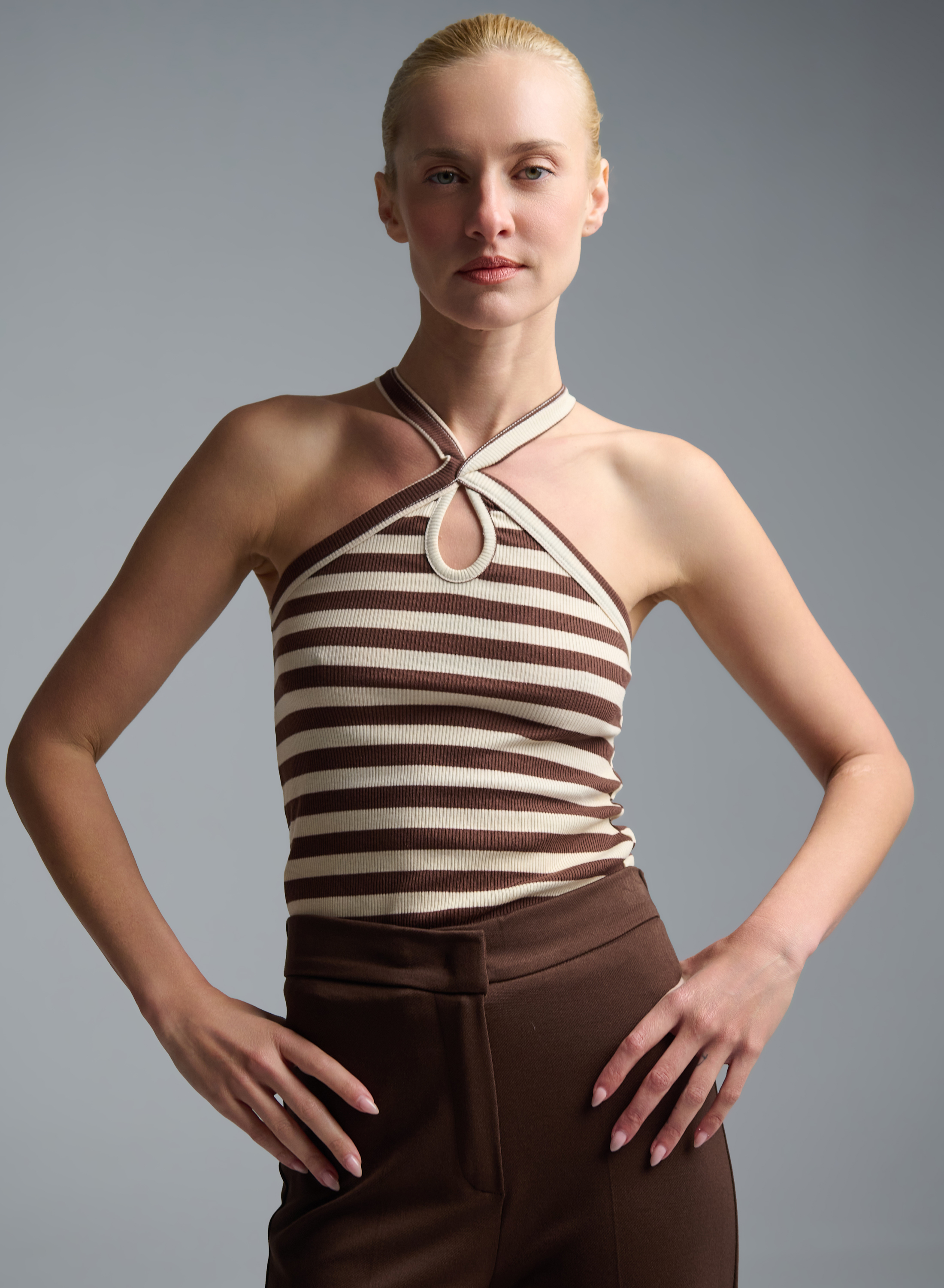 Ecru-Chocolate Top with stripes Vicolo - 0