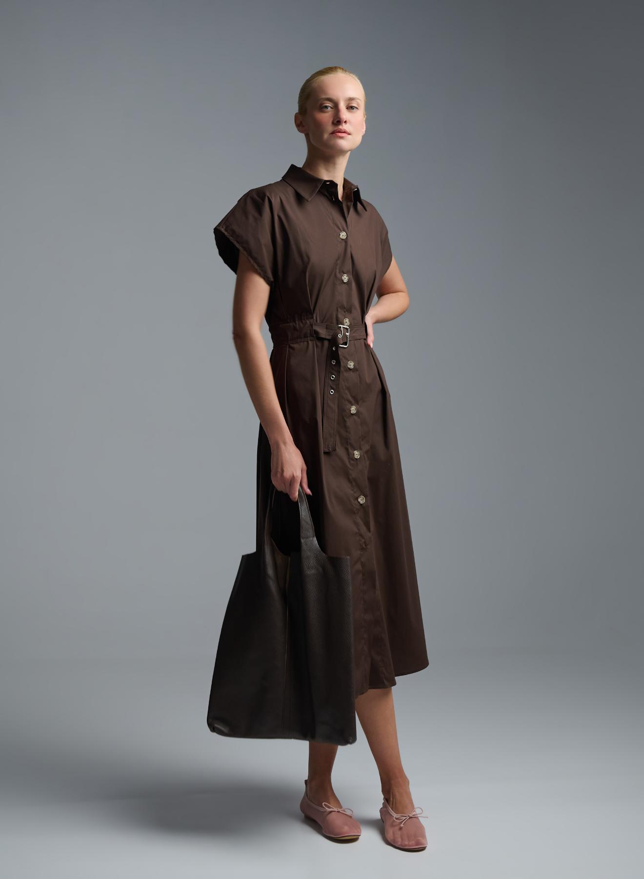 Chocolate sleeveless chemisier Dress with belt R.R. - 1