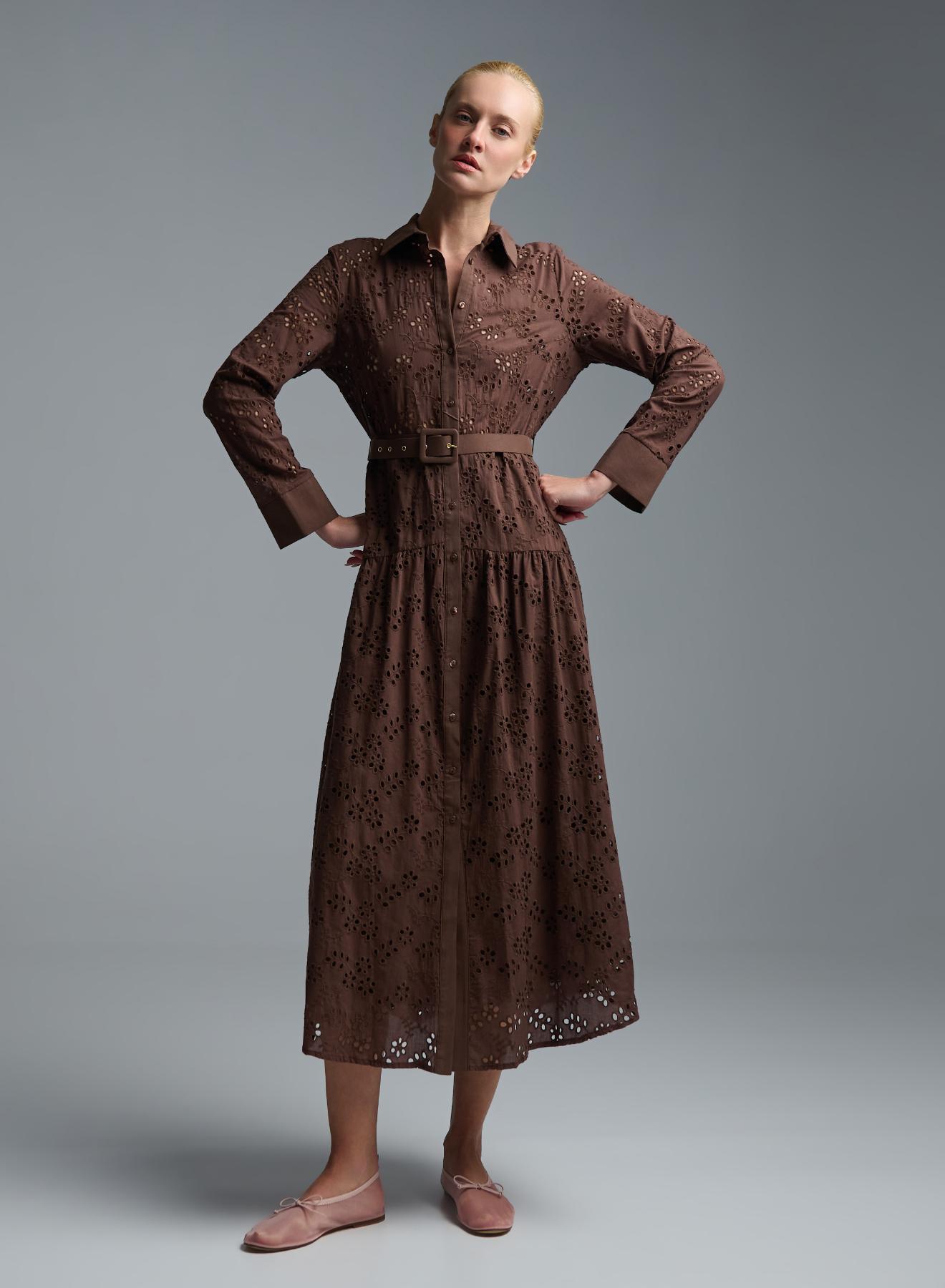 Chocolate chemisier embroidery cut Dress with belt R.R. - 1