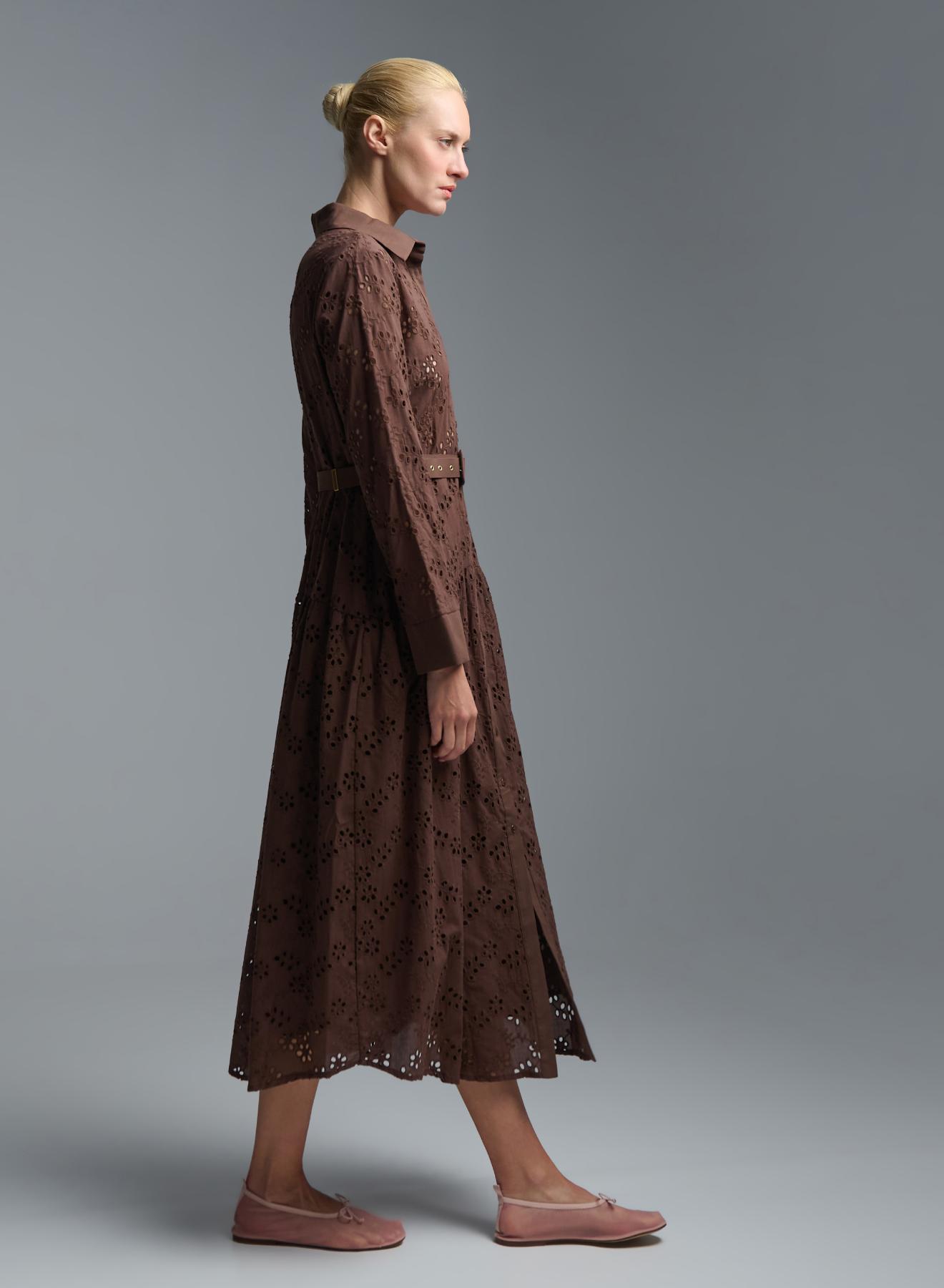 Chocolate chemisier embroidery cut Dress with belt R.R. - 4