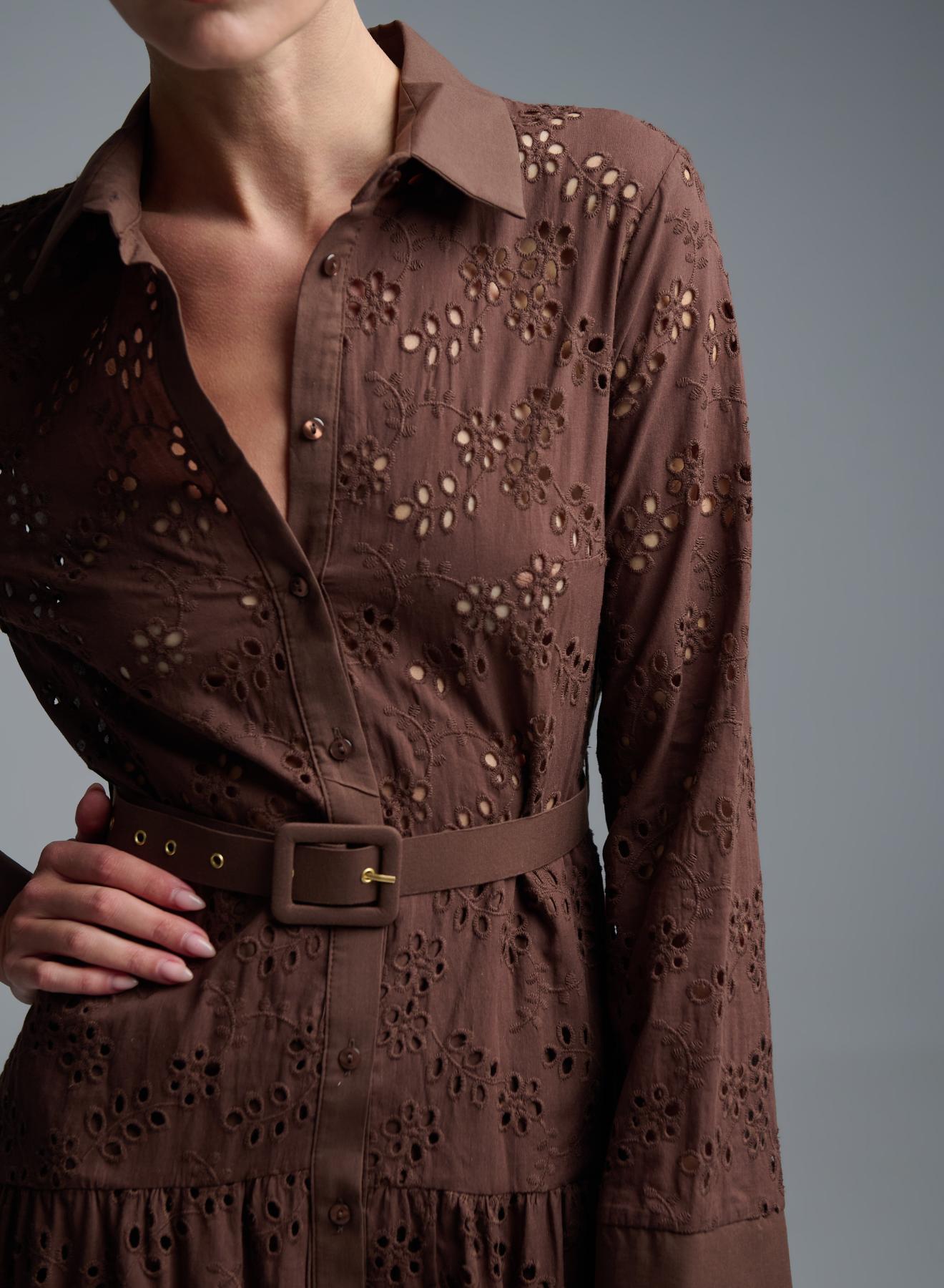 Chocolate chemisier embroidery cut Dress with belt R.R. - 3