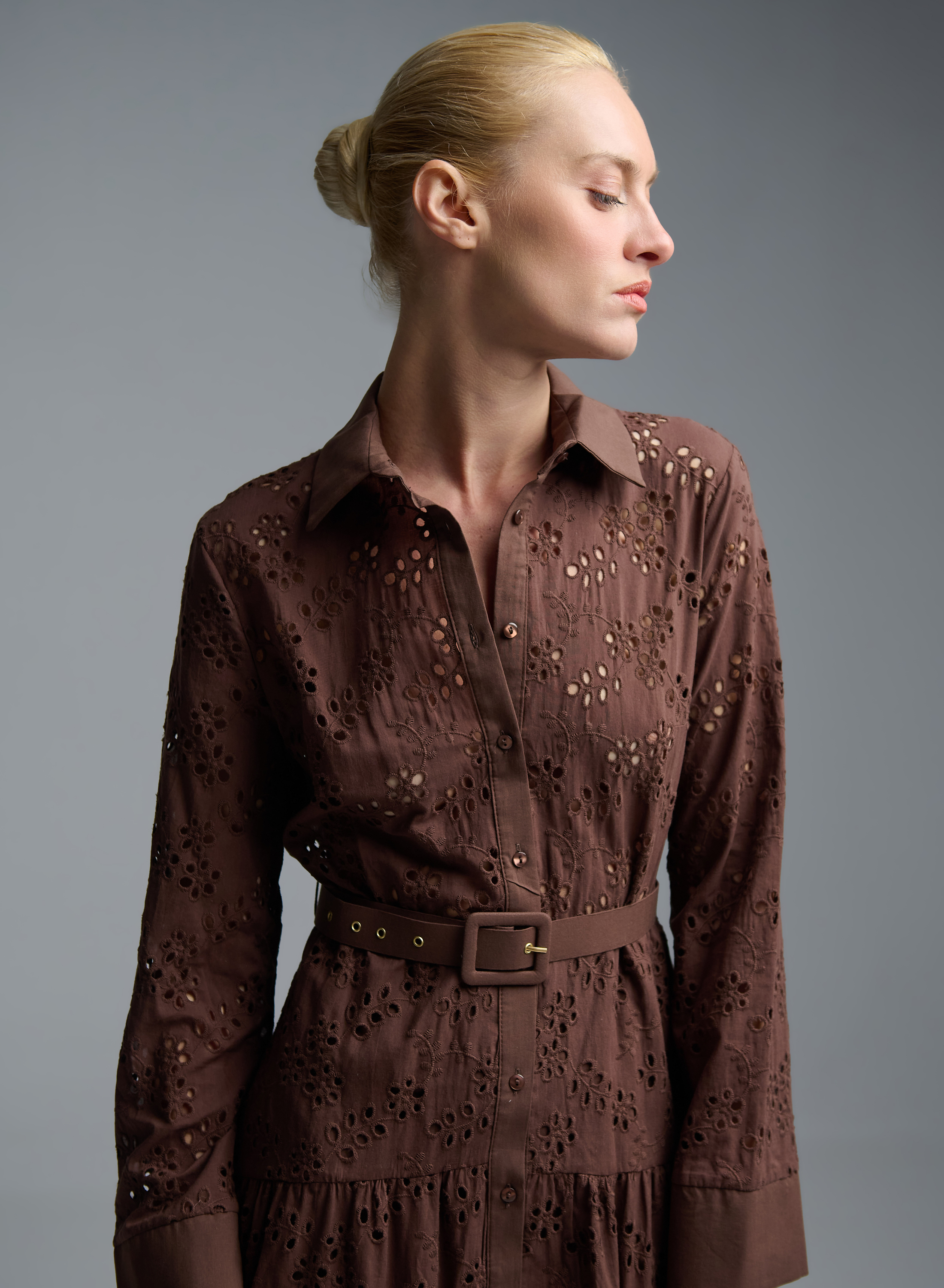 Chocolate chemisier embroidery cut Dress with belt R.R. - 6
