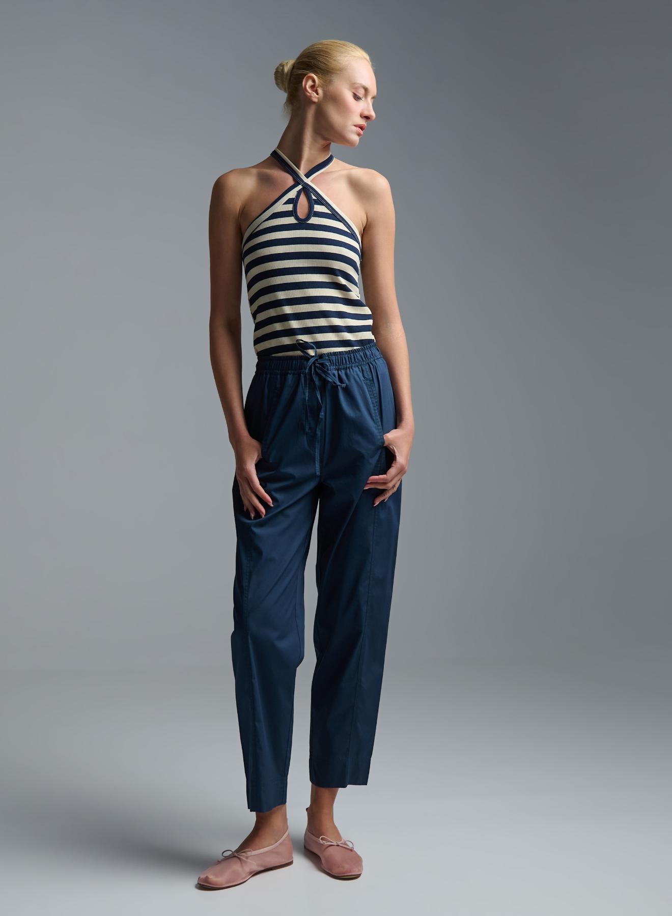 Navy Blue Παντελόνι ποπλίνα με λάστιχο και κορδόνι στη μέση Emme Marella - 4