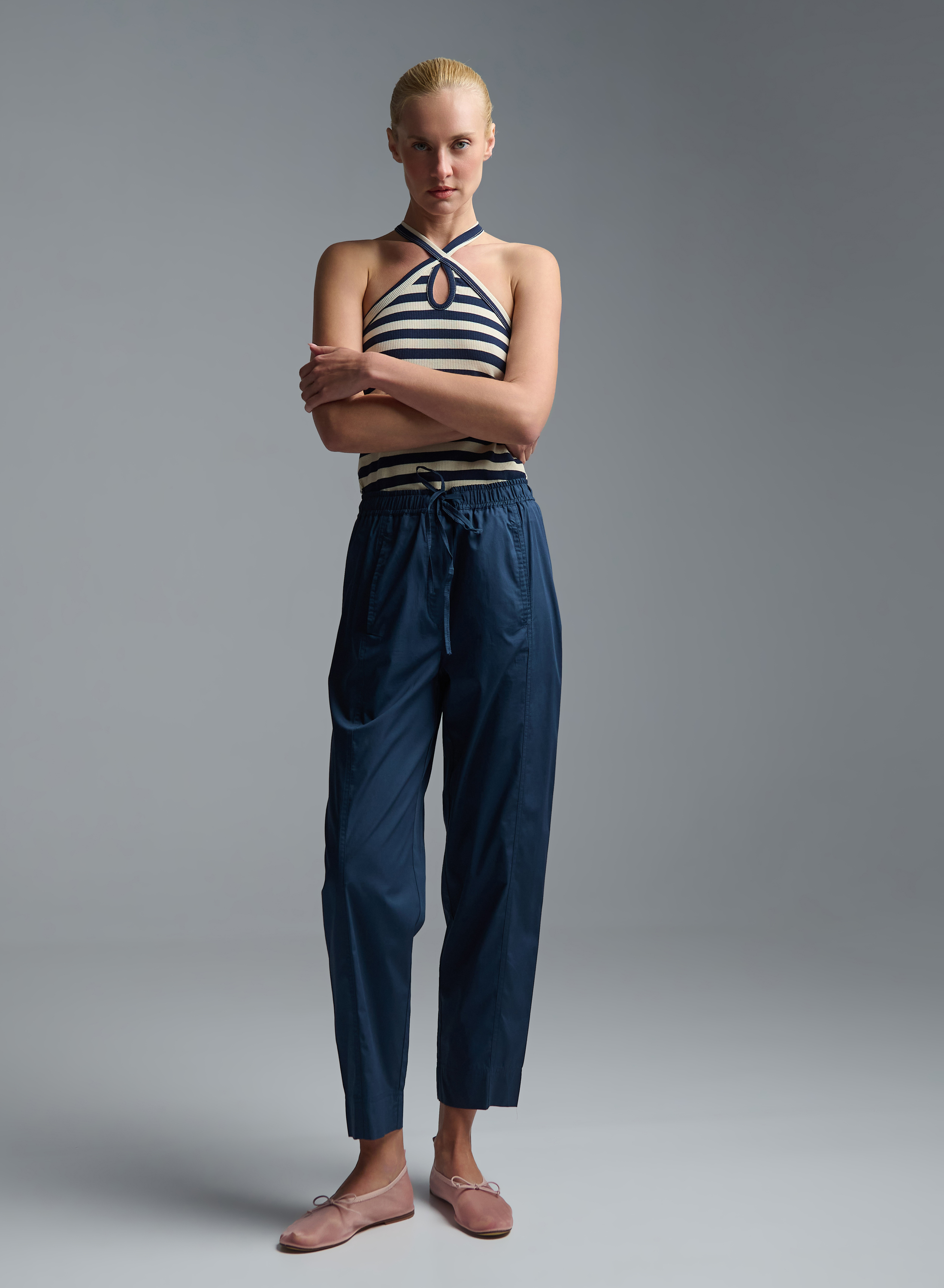 Navy Blue Παντελόνι ποπλίνα με λάστιχο και κορδόνι στη μέση Emme Marella - 0