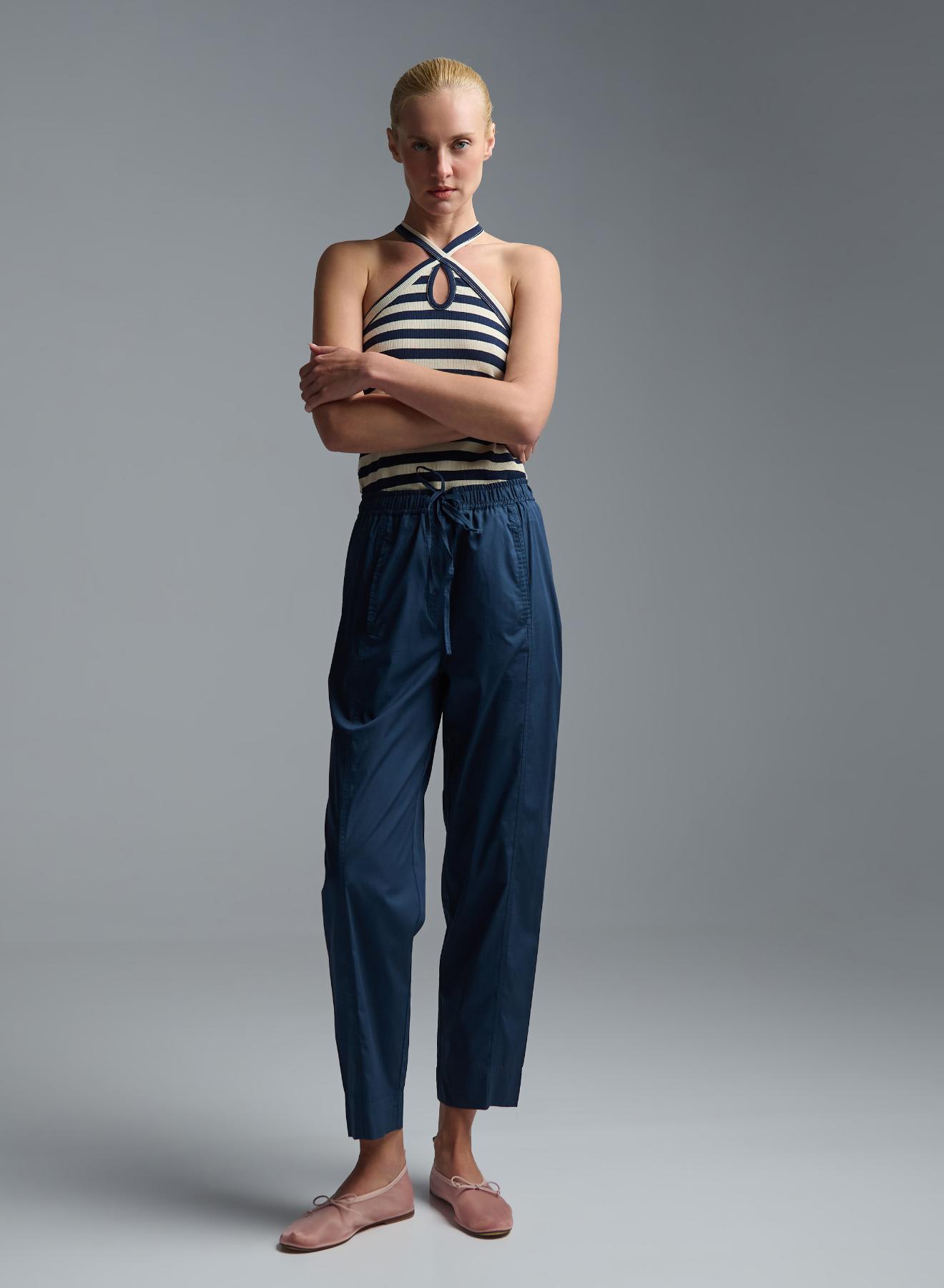 Navy Blue Παντελόνι ποπλίνα με λάστιχο και κορδόνι στη μέση Emme Marella - 1