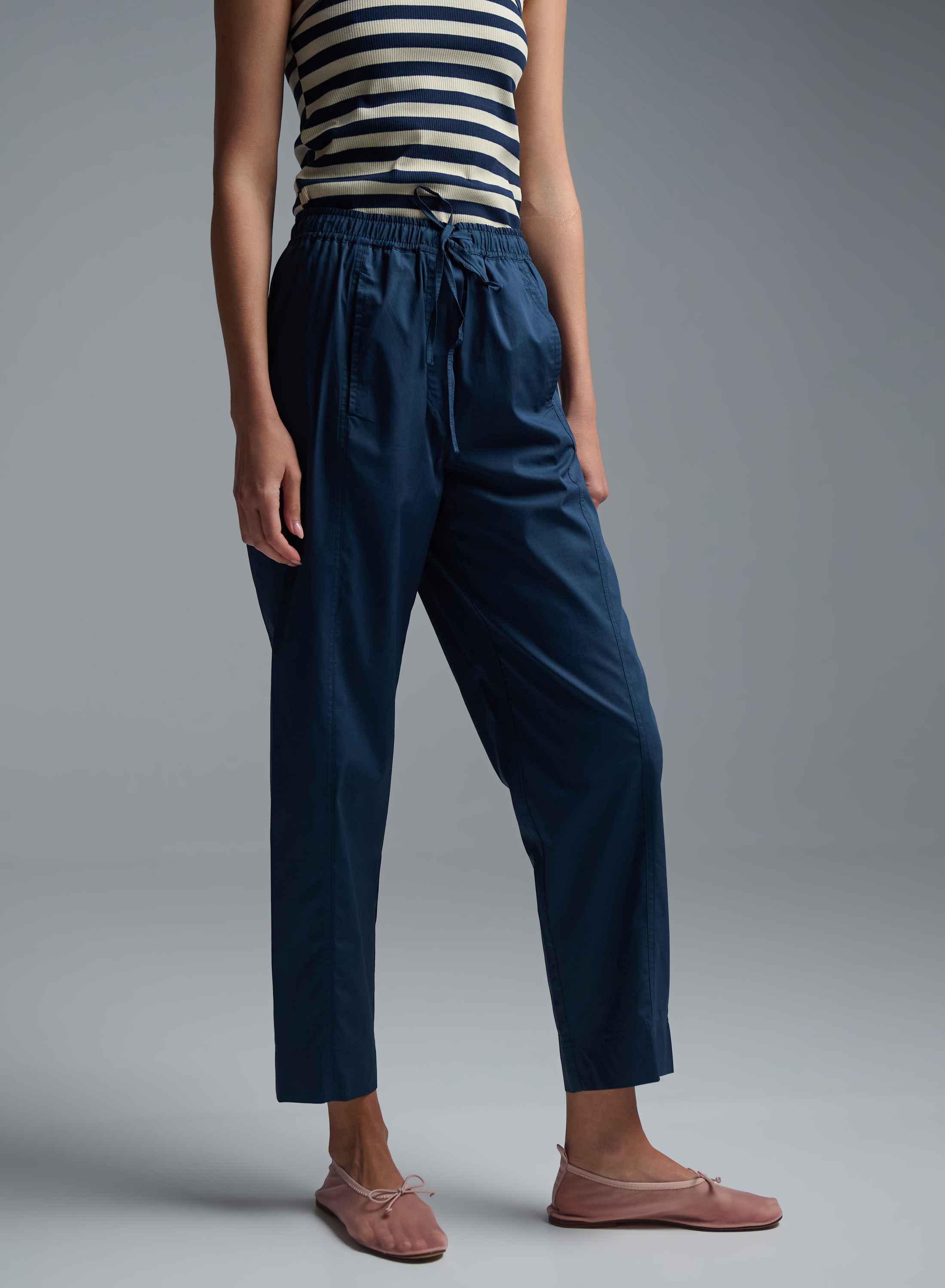 Navy Blue Παντελόνι ποπλίνα με λάστιχο και κορδόνι στη μέση Emme Marella - 4