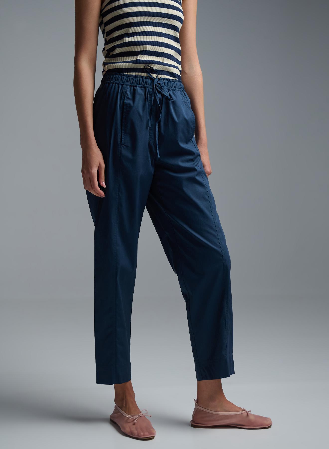 Navy Blue Παντελόνι ποπλίνα με λάστιχο και κορδόνι στη μέση Emme Marella - 5
