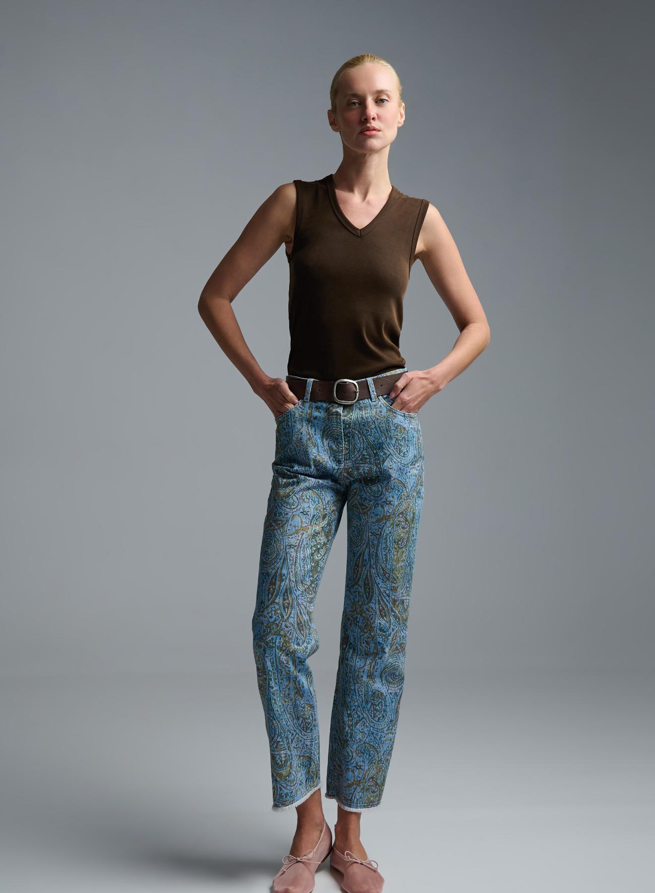 Blue denim Trousers with paisley print and with belt Motel - 2