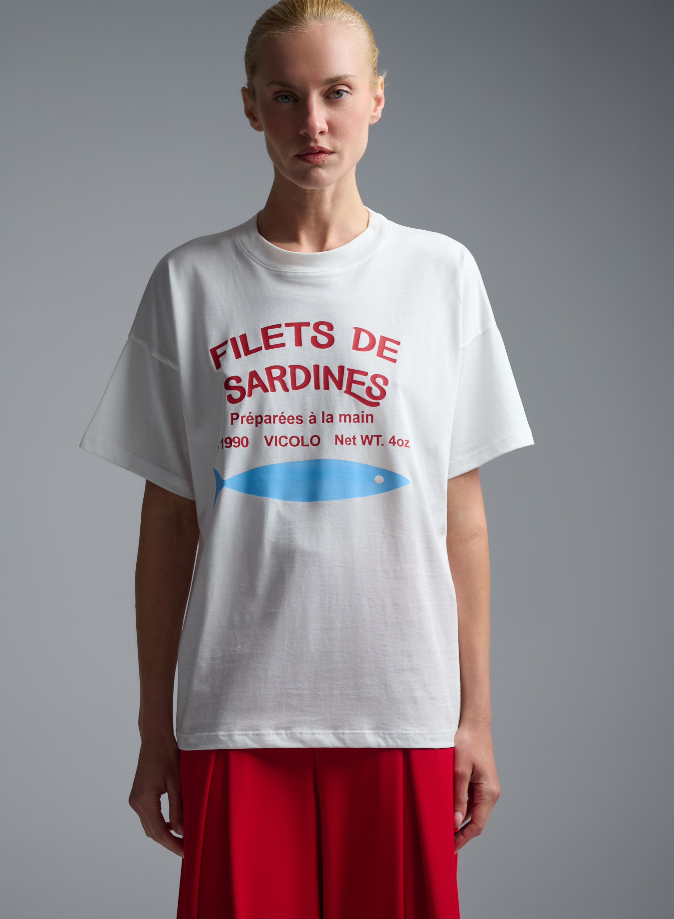 White cotton T-Shirt with print sardines Vicolo - 4