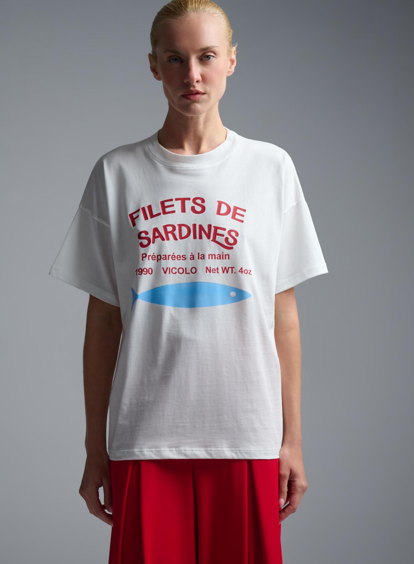 White cotton T-Shirt with print sardines Vicolo - 5