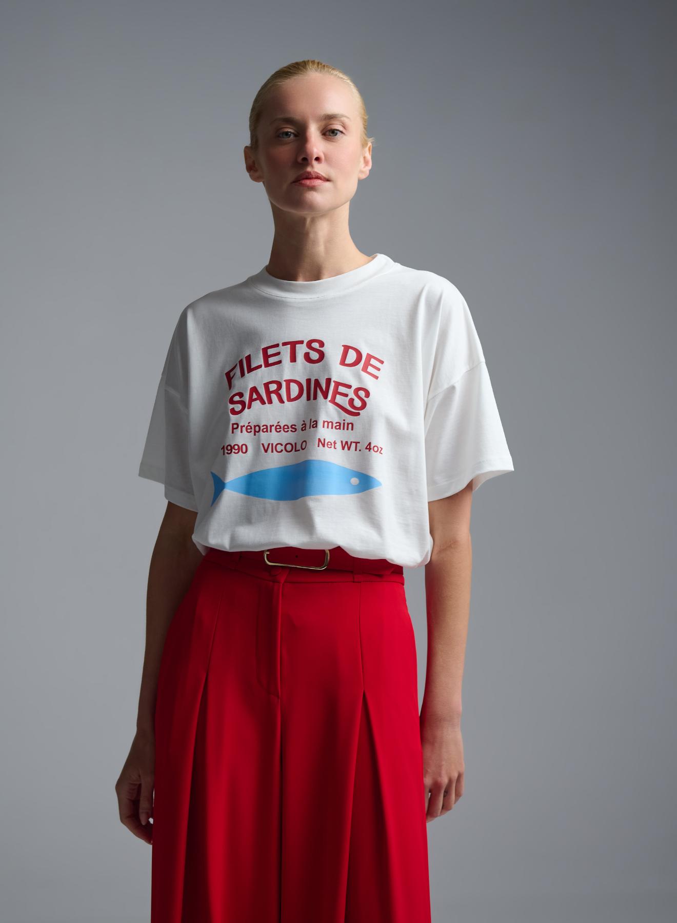 White cotton T-Shirt with print sardines Vicolo - 3