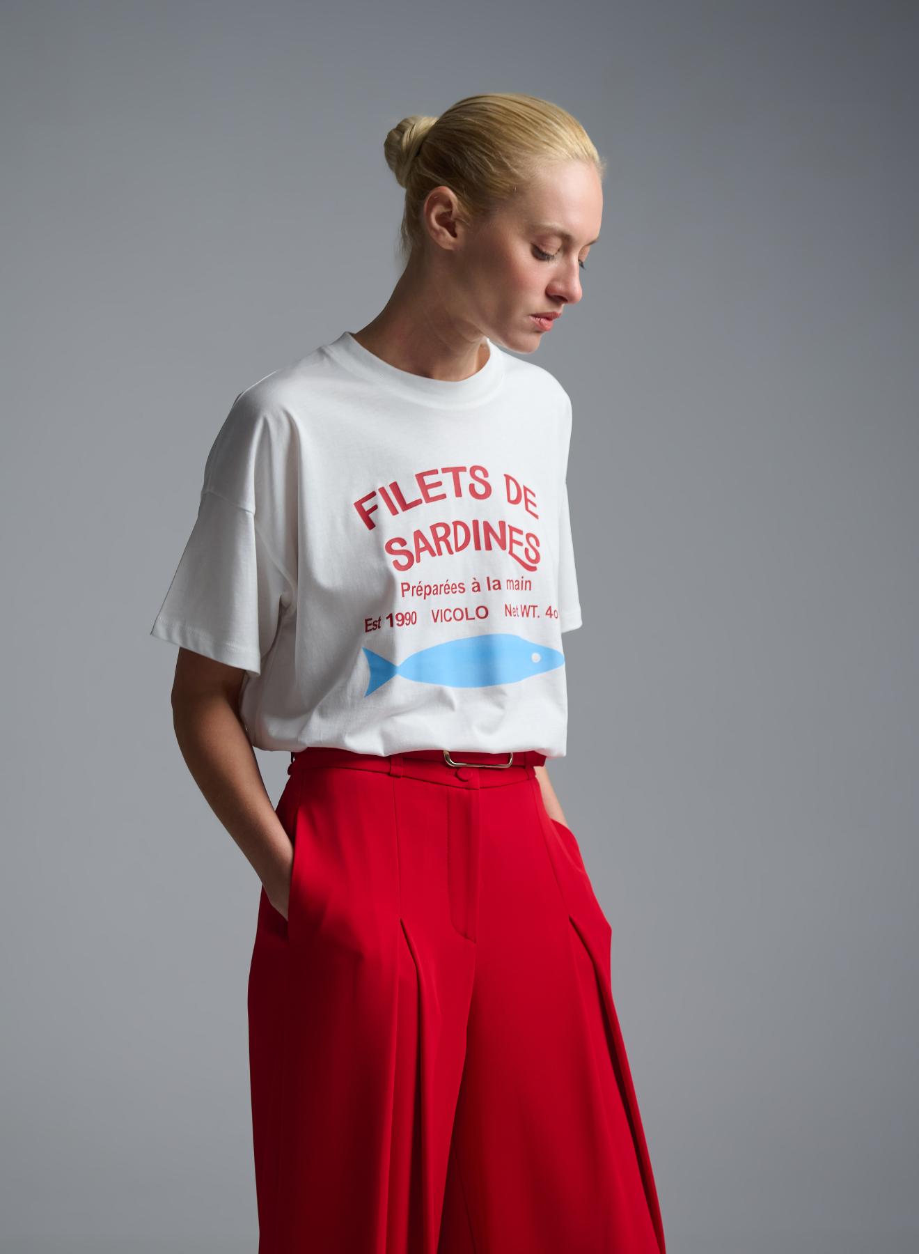 White cotton T-Shirt with print sardines Vicolo - 4