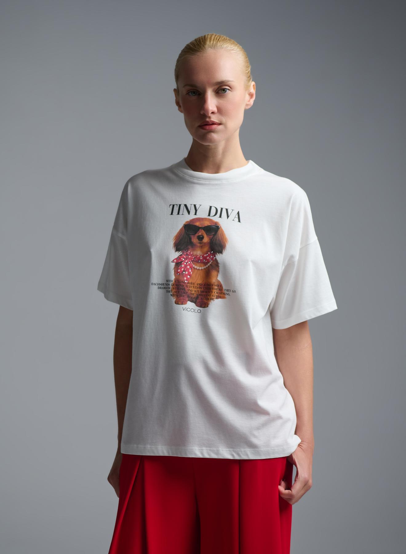 White printed cotton T-Shirt with rhinestones Vicolo - 3