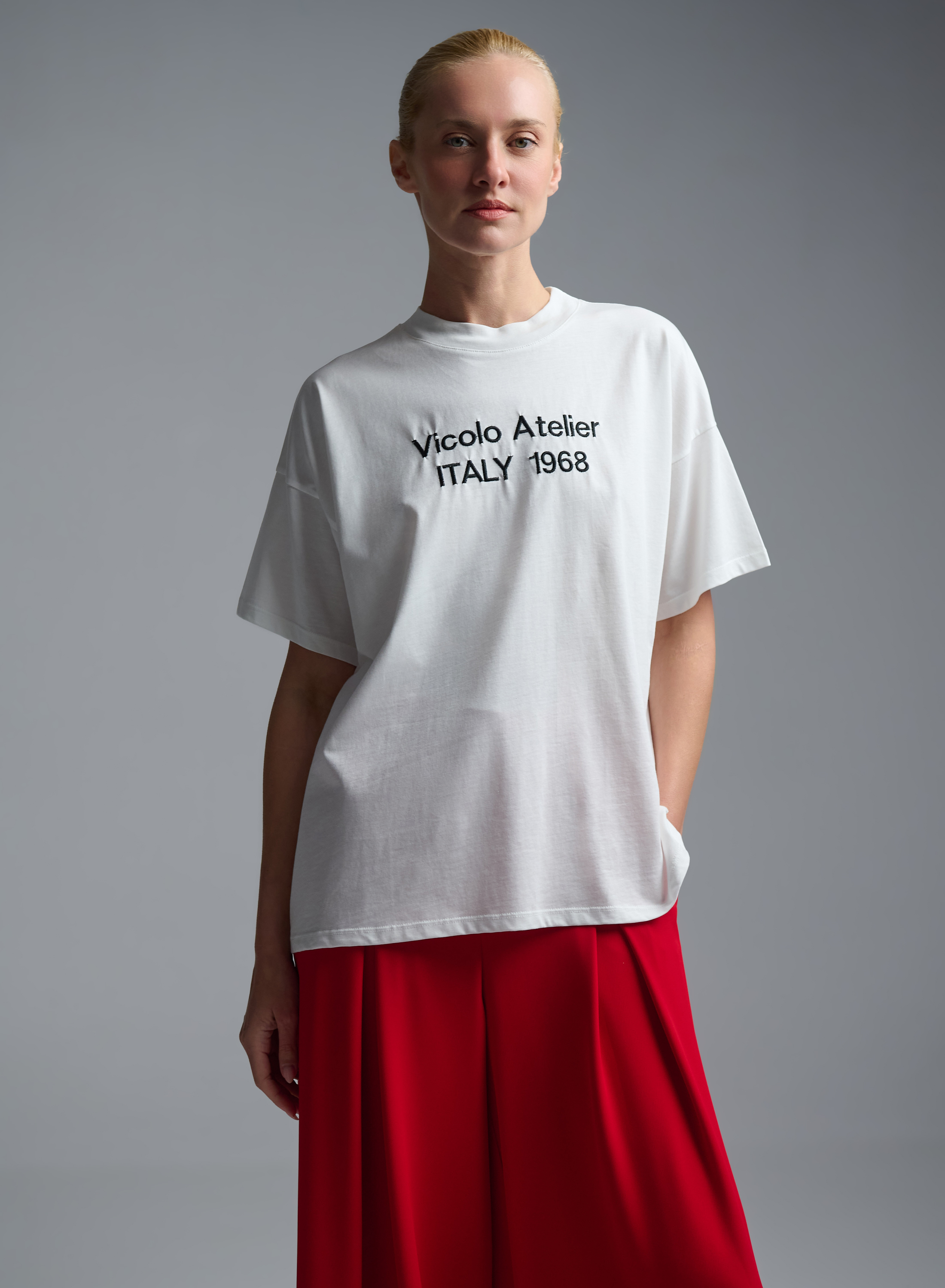 White cotton T-Shirt with embroidered logo Vicolo - 0