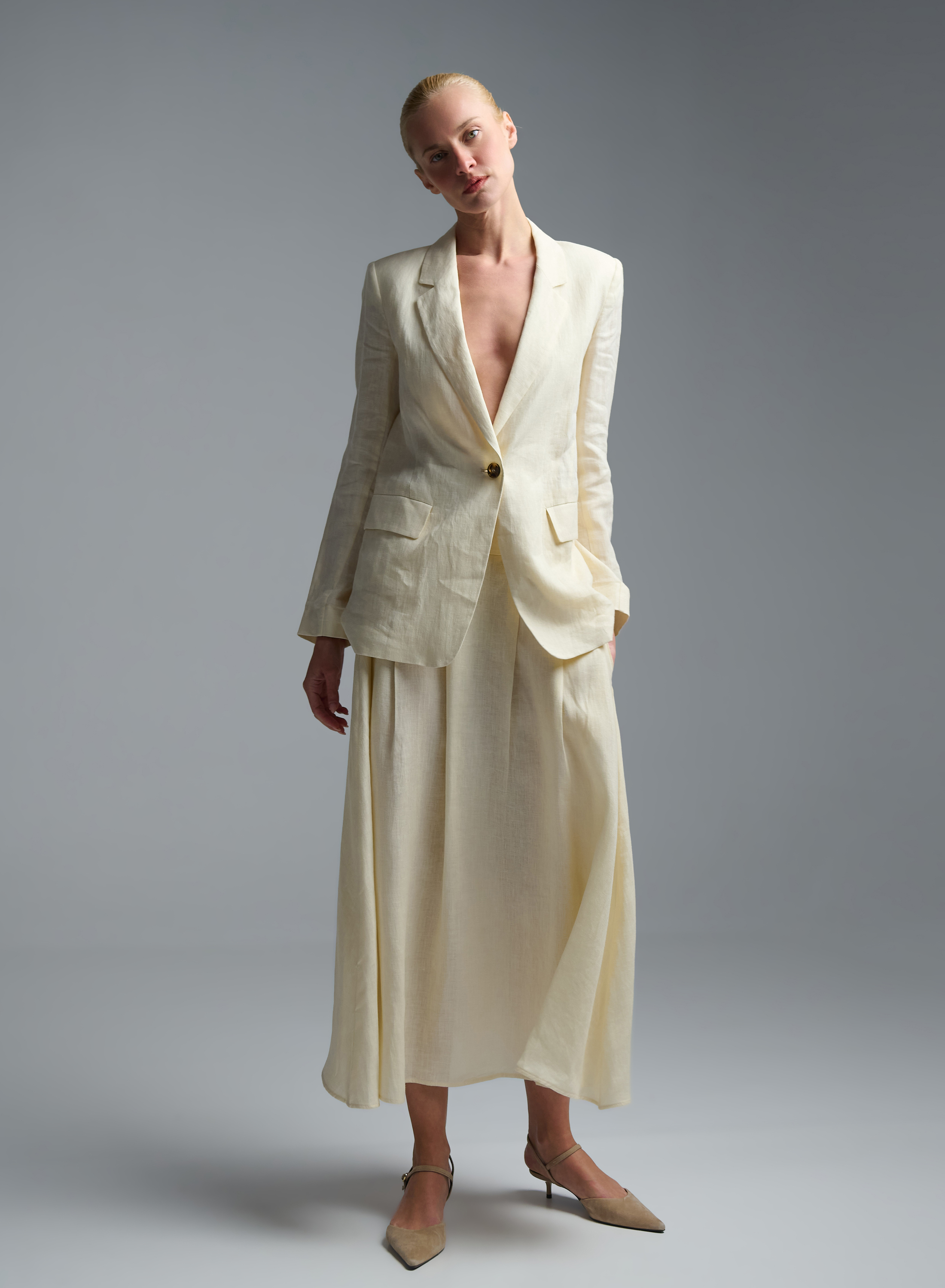Ecru linen Skirt with pleats and with rear elasticated waistband Emme Marella - 5
