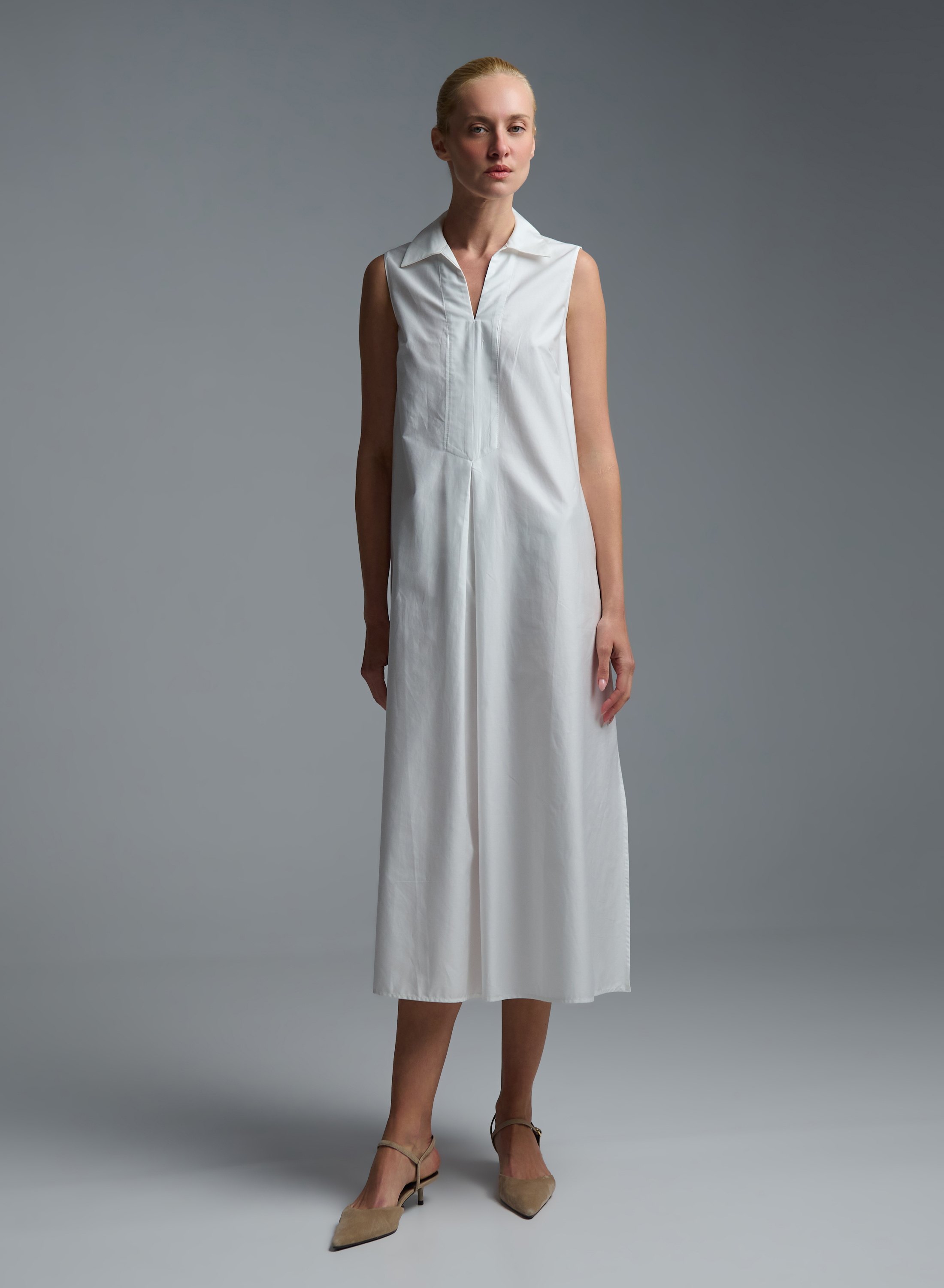 White sleeveless popline Dress with side slits, V neckline and with lapel collar "MYLOS" Devotion Twins - 0