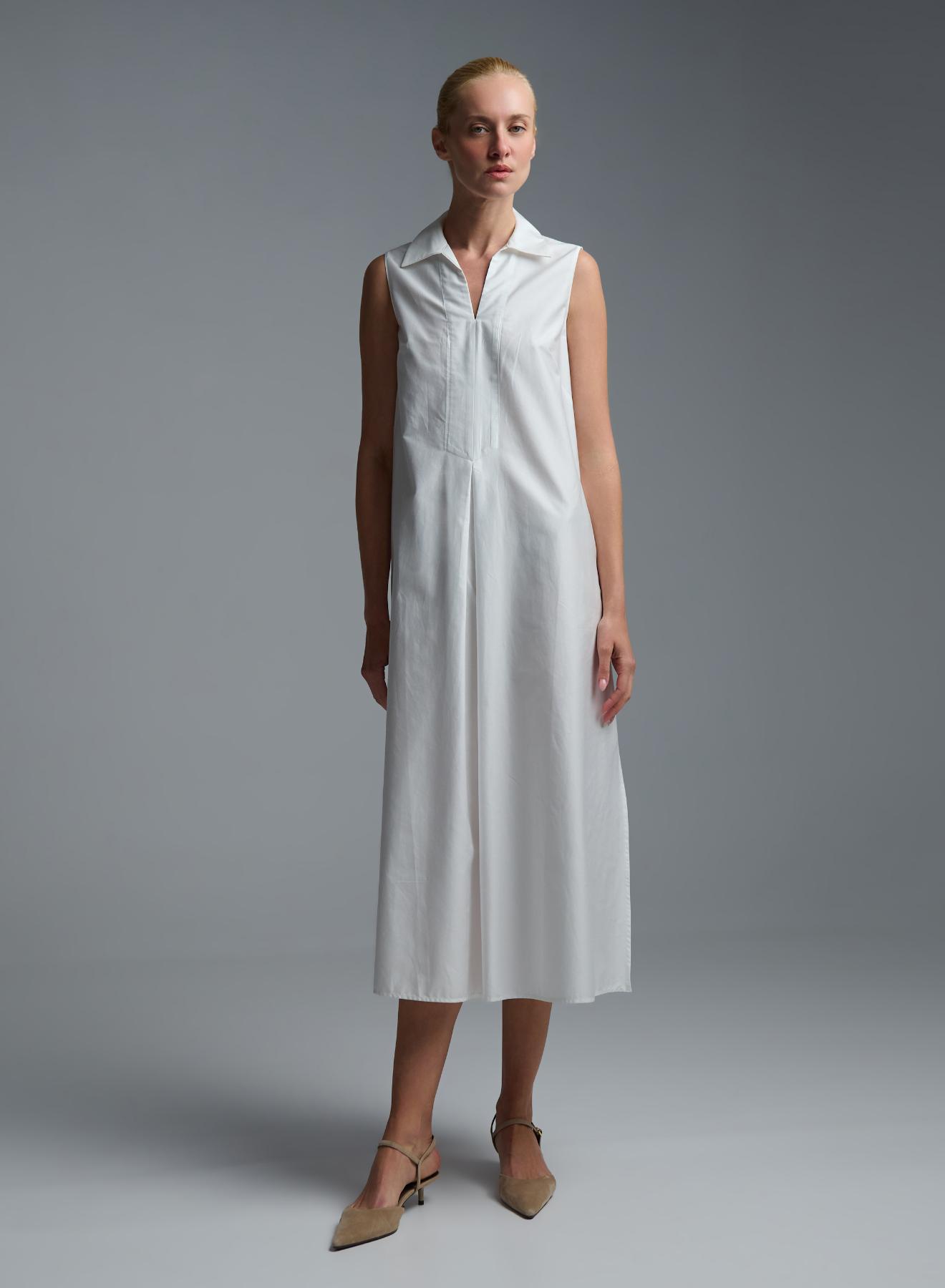 White sleeveless popline Dress with side slits, V neckline and with lapel collar "MYLOS" Devotion Twins - 1