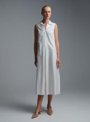 White sleeveless popline Dress with side slits, V neckline and with lapel collar "MYLOS" Devotion Twins - 61435