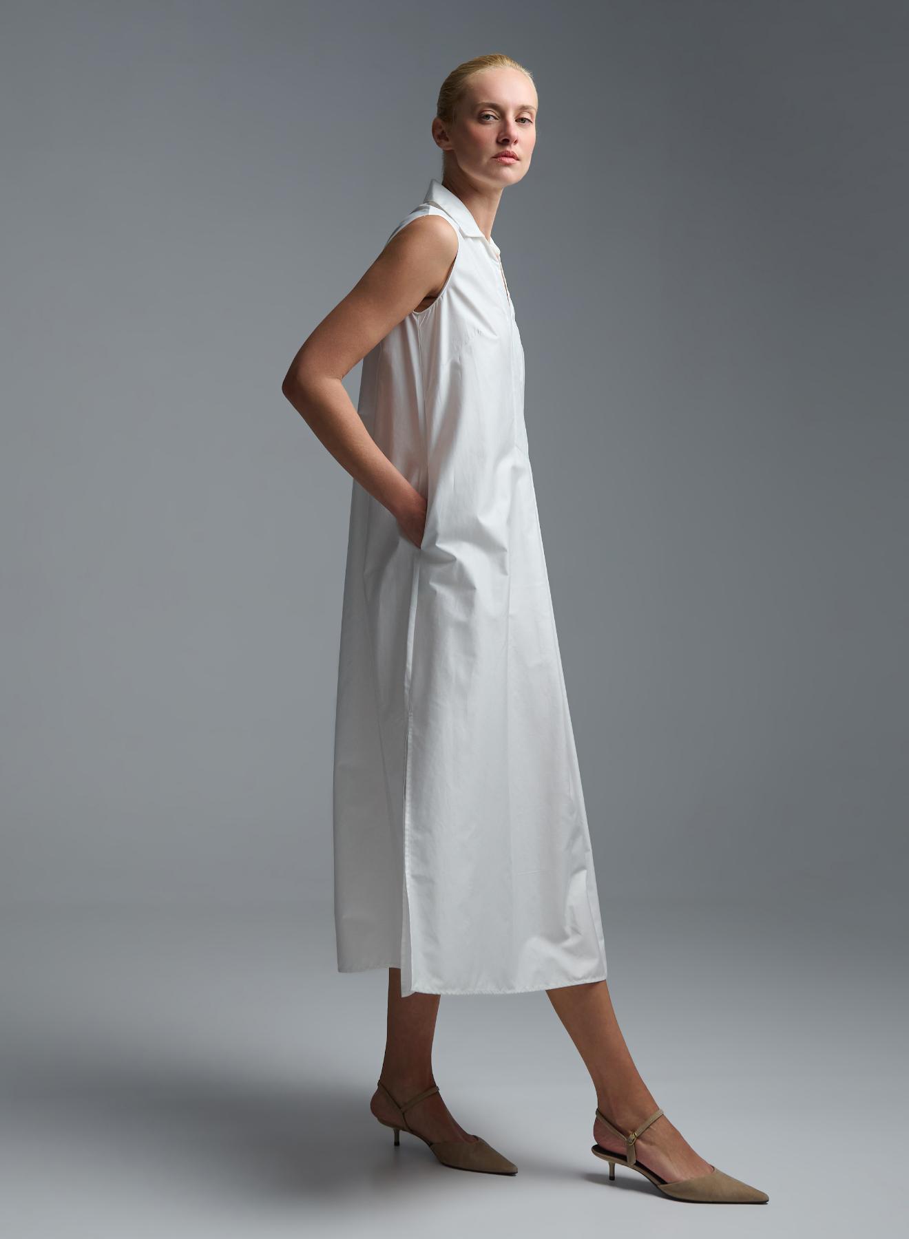 White sleeveless popline Dress with side slits, V neckline and with lapel collar "MYLOS" Devotion Twins - 2