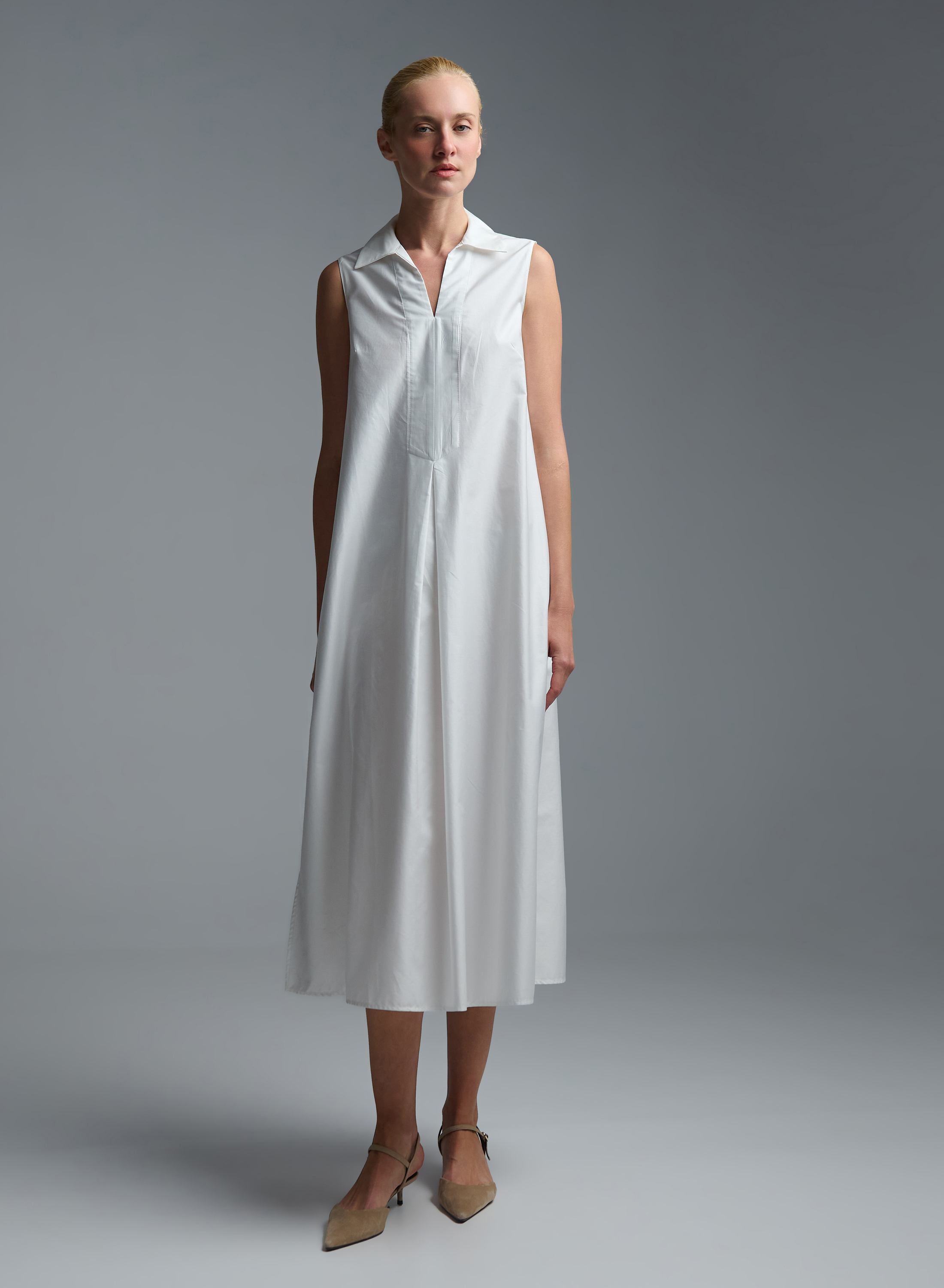 White sleeveless popline Dress with side slits, V neckline and with lapel collar "MYLOS" Devotion Twins - 3