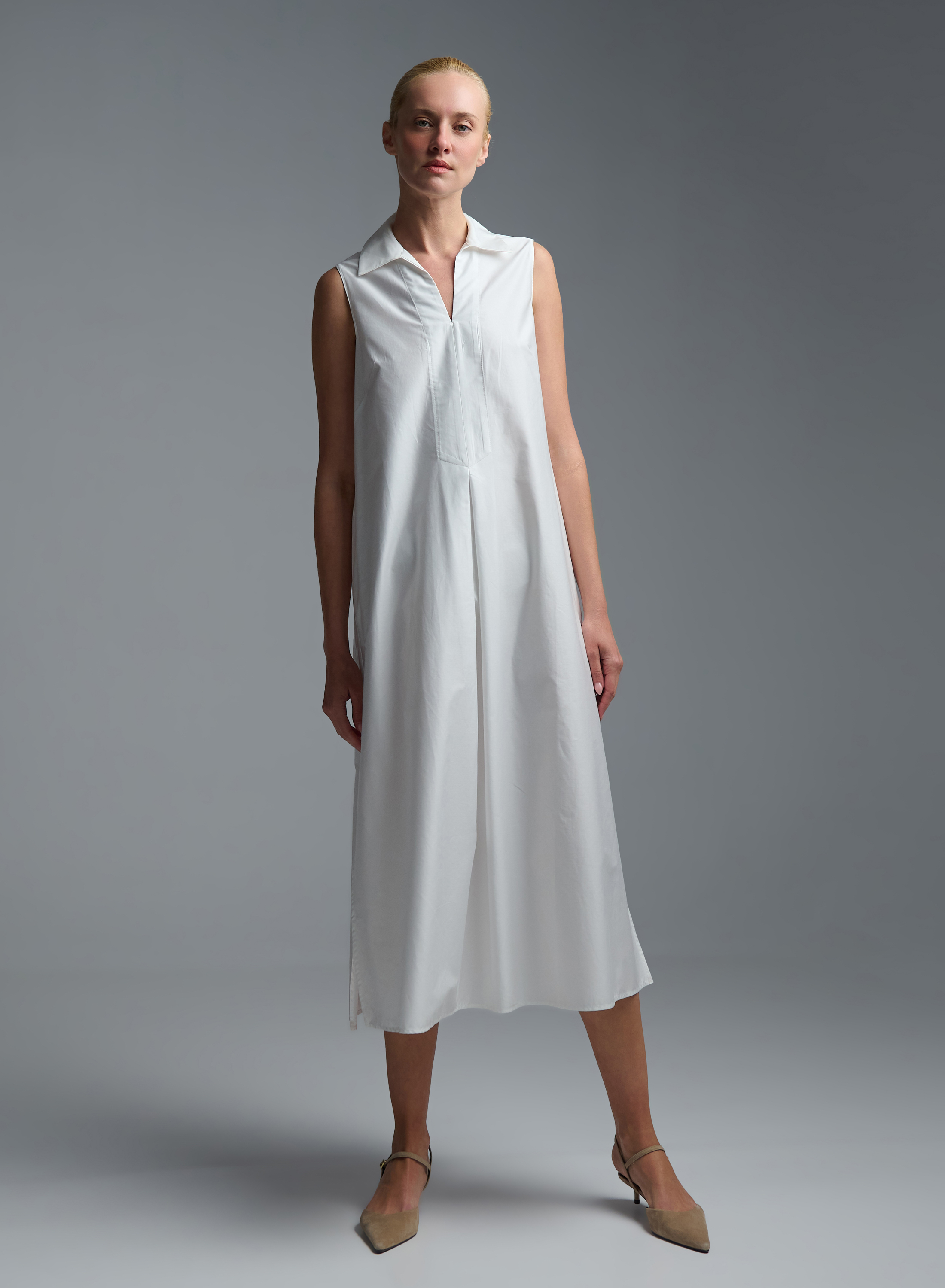 White sleeveless popline Dress with side slits, V neckline and with lapel collar "MYLOS" Devotion Twins - 4