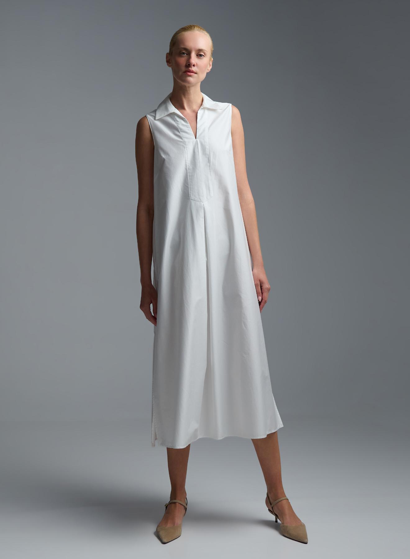 White sleeveless popline Dress with side slits, V neckline and with lapel collar "MYLOS" Devotion Twins - 5