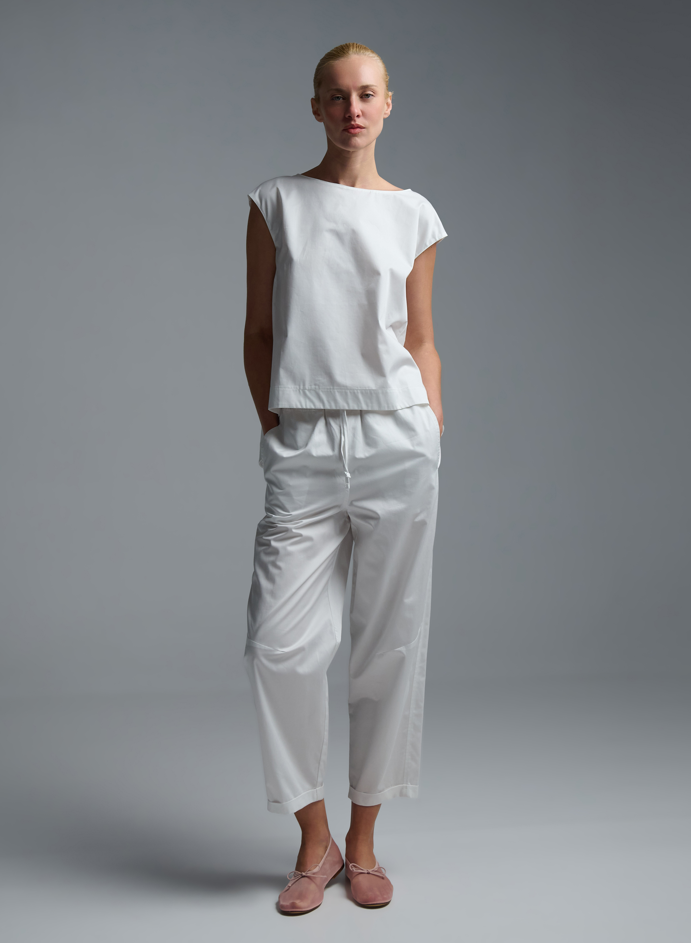 White poplin Pants with elasticated waistband and with drawstring "GLOWBLUST" Devotion Twins - 1