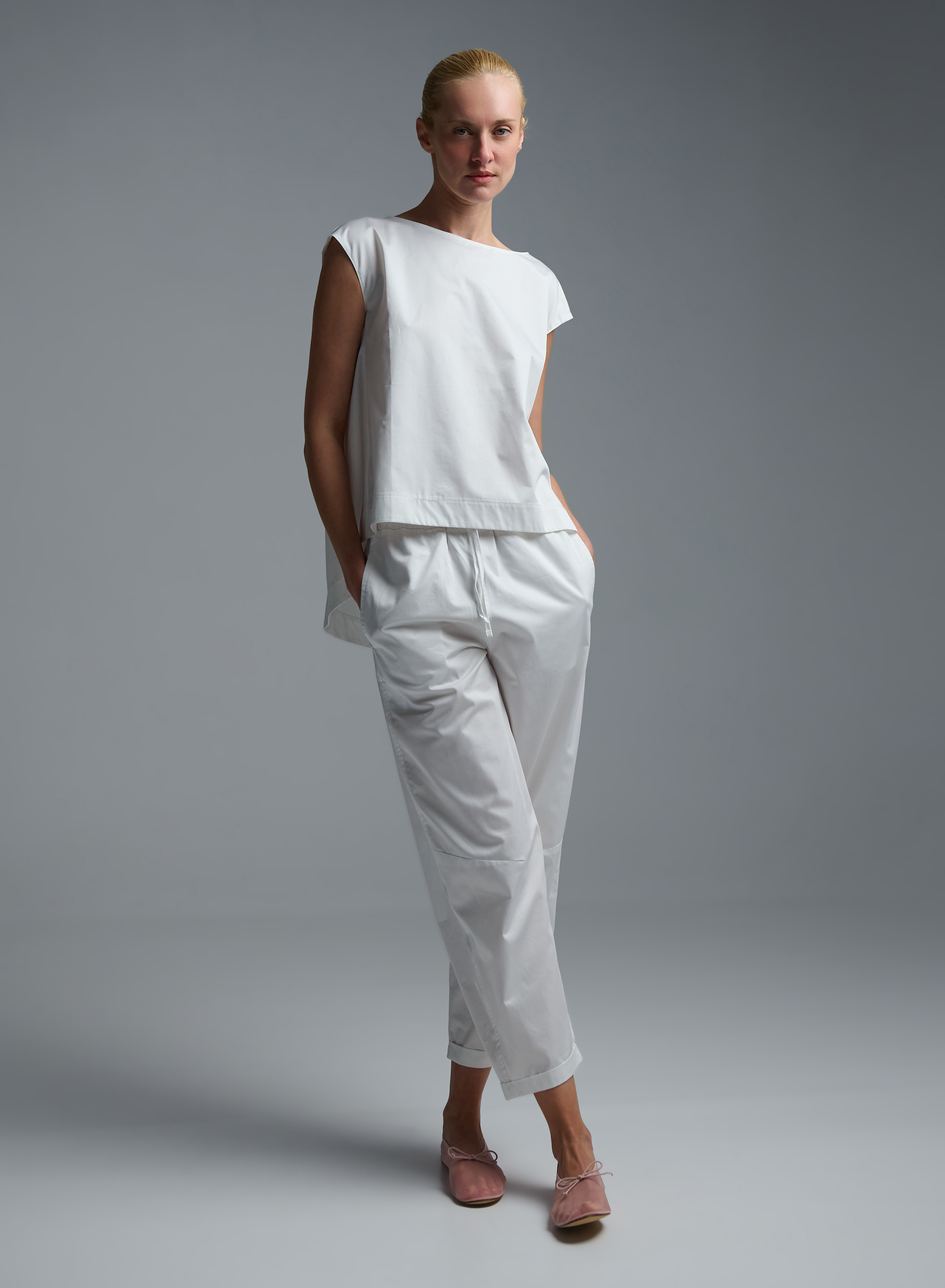 White poplin Pants with elasticated waistband and with drawstring "GLOWBLUST" Devotion Twins - 4