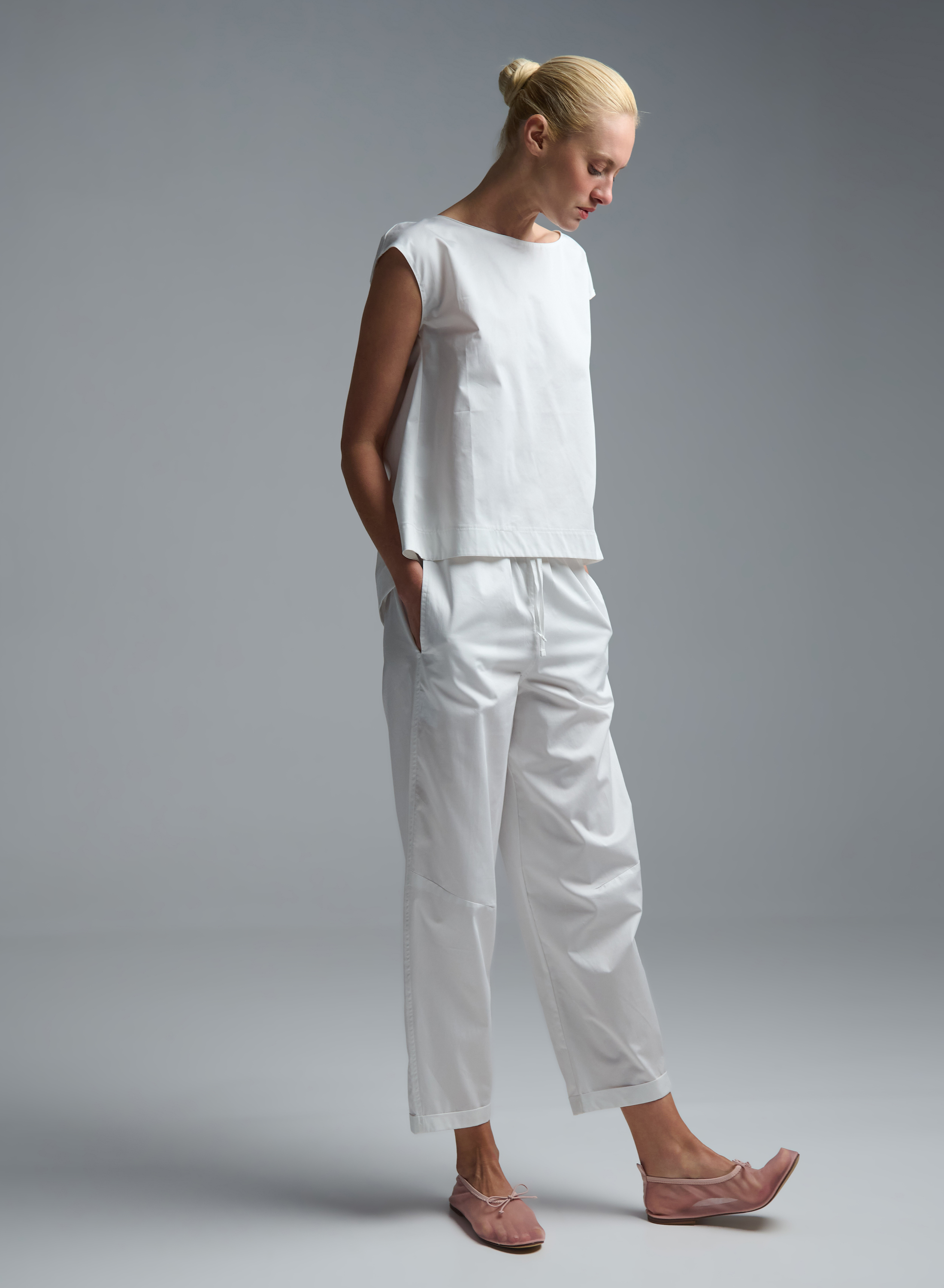 White poplin Pants with elasticated waistband and with drawstring "GLOWBLUST" Devotion Twins - 2