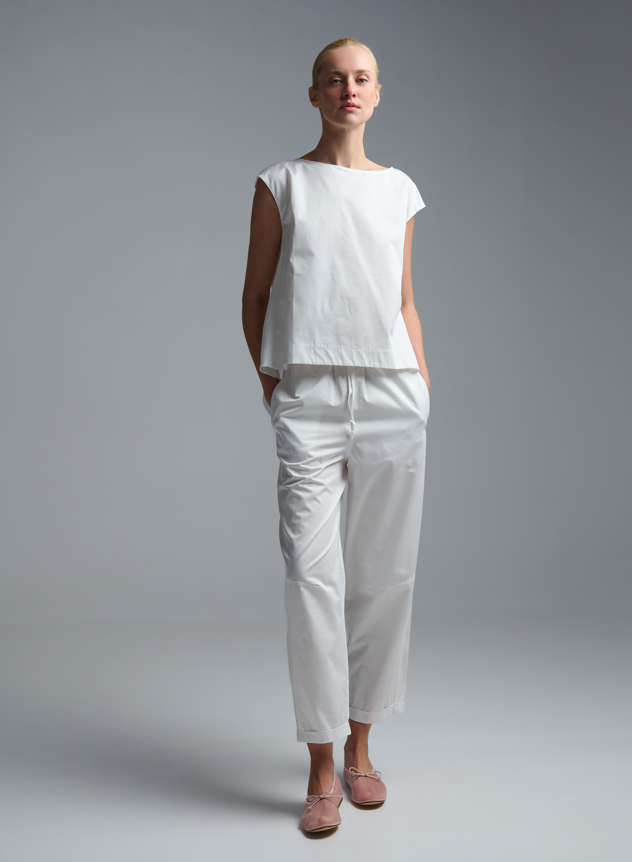 White poplin Pants with elasticated waistband and with drawstring "GLOWBLUST" Devotion Twins - 3