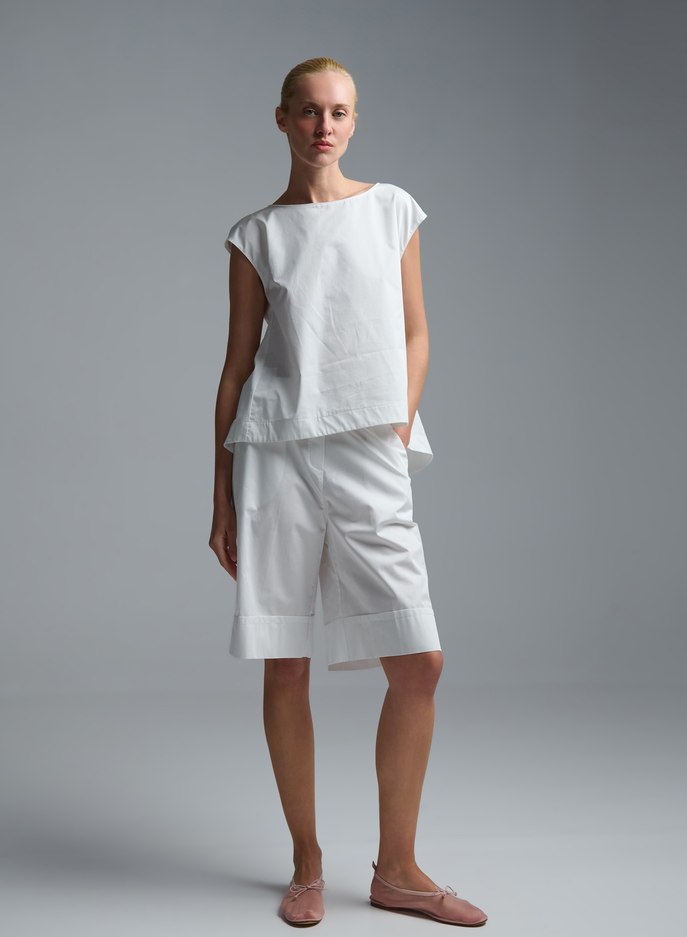 White popline Bermuda Shorts with elasticated rear waistband "MOON" Devotion Twins - 1