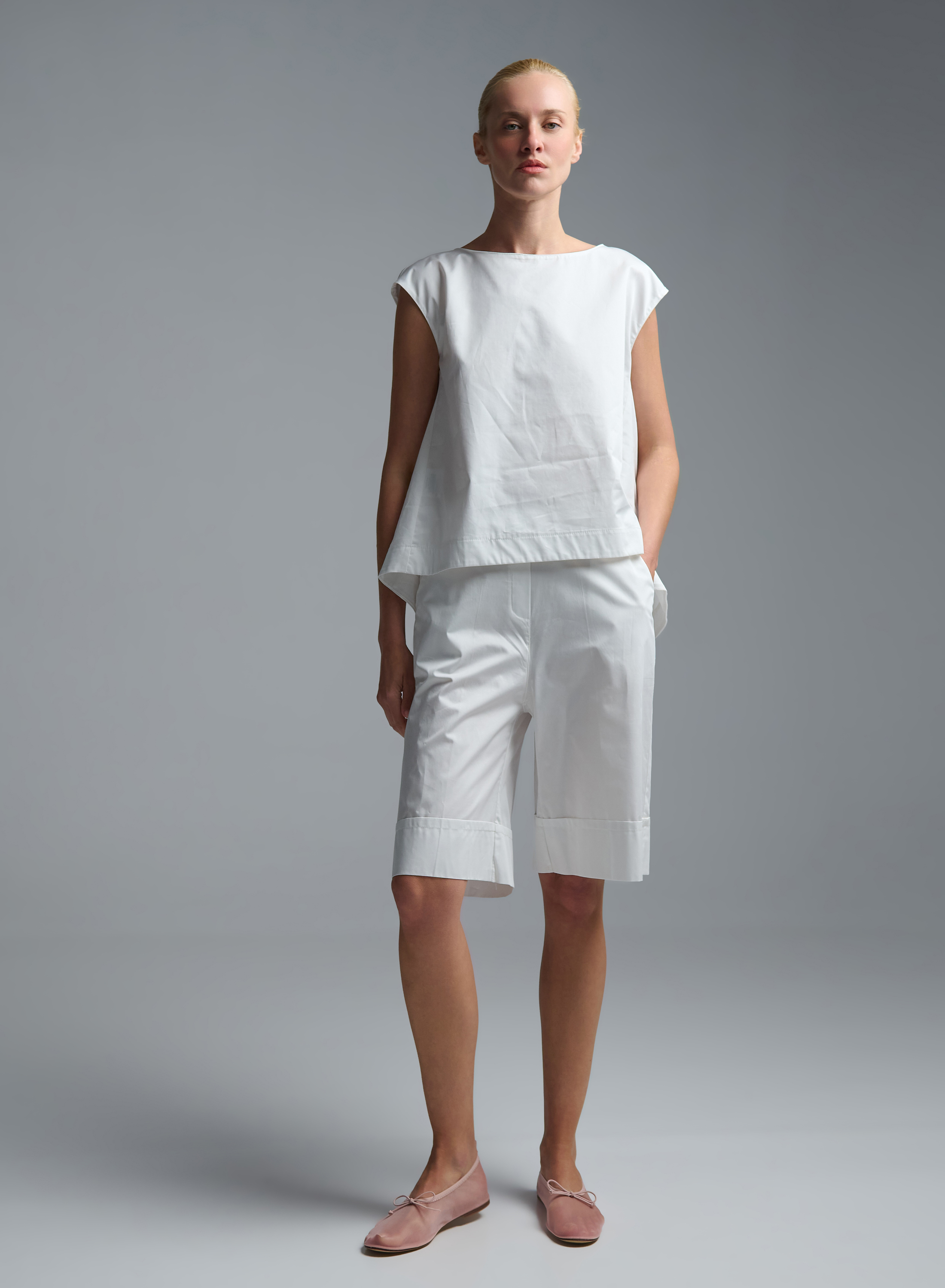 White popline Bermuda Shorts with elasticated rear waistband "MOON" Devotion Twins - 0