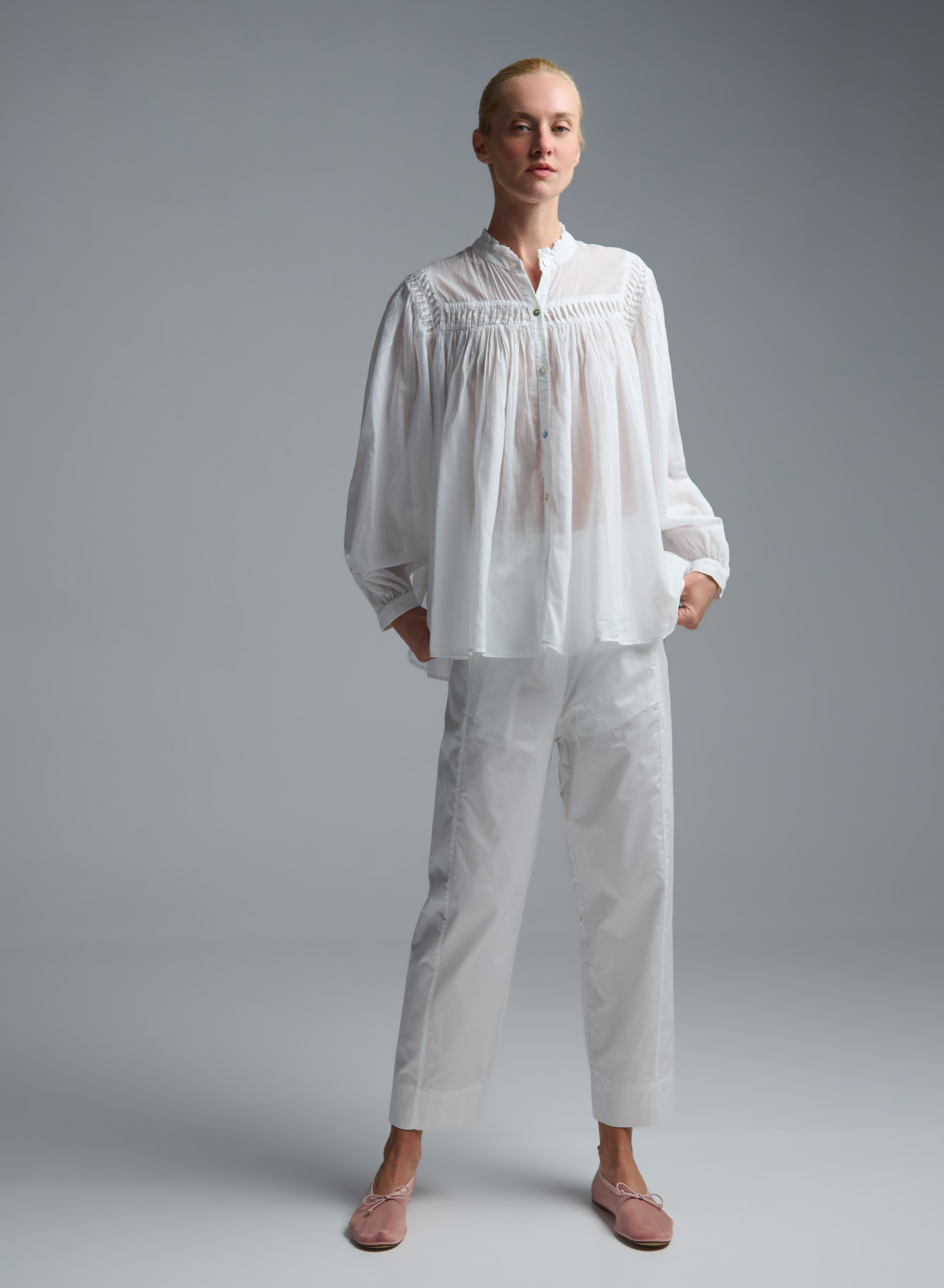 White voile Shirt with round neckline "BLOOM" Devotion Twins - 2