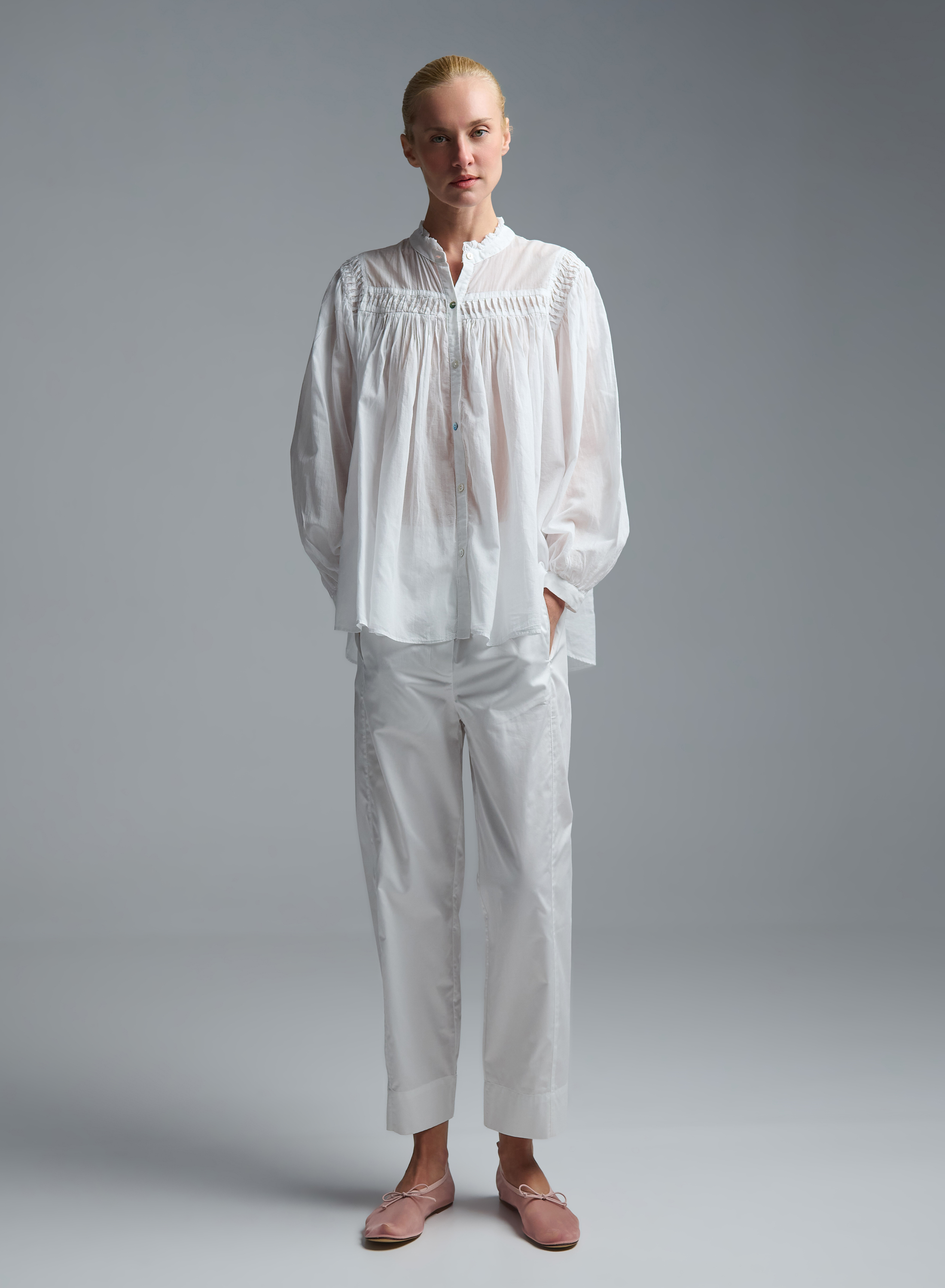 White voile Shirt with round neckline "BLOOM" Devotion Twins - 3