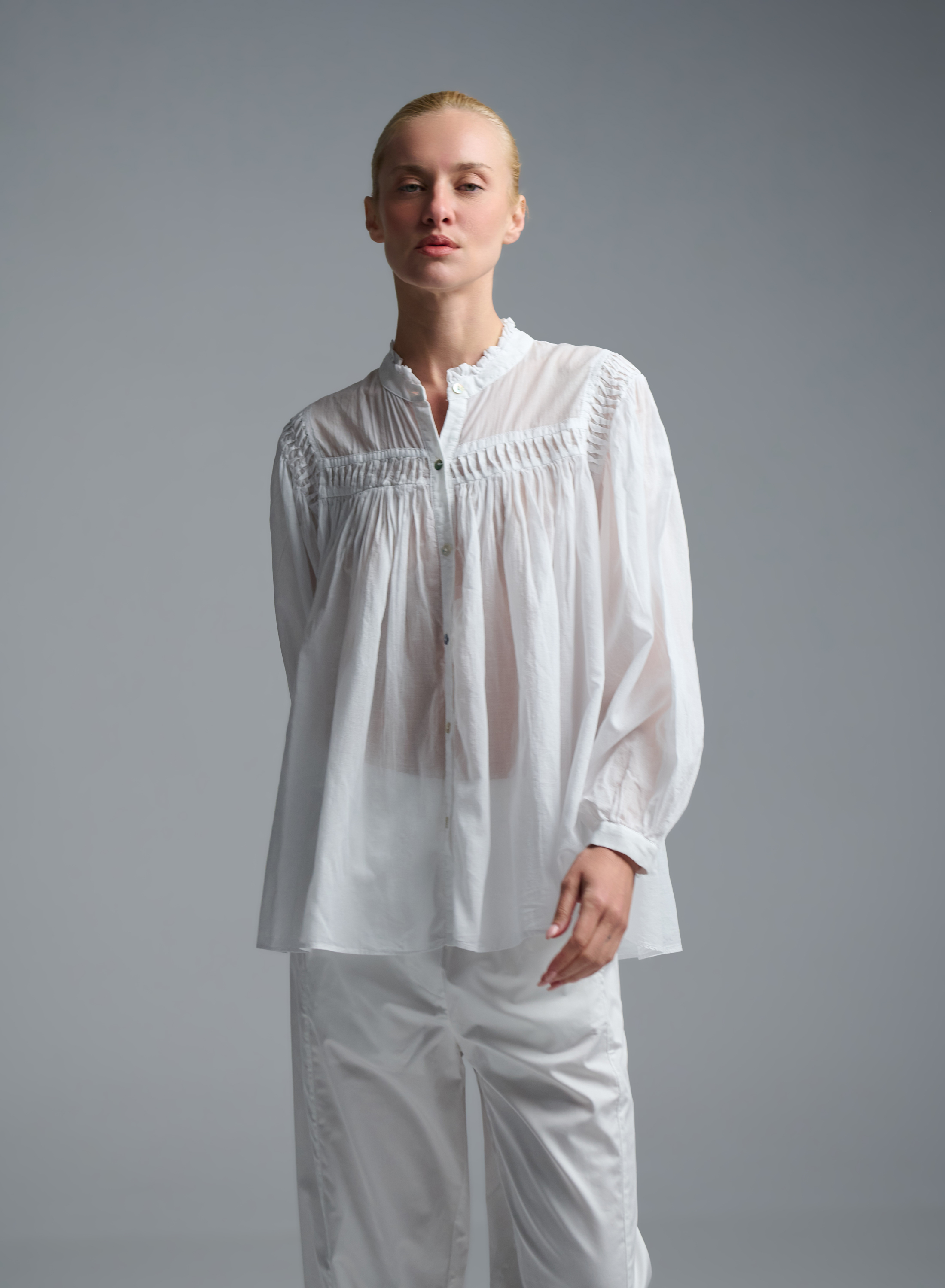 White voile Shirt with round neckline "BLOOM" Devotion Twins - 4