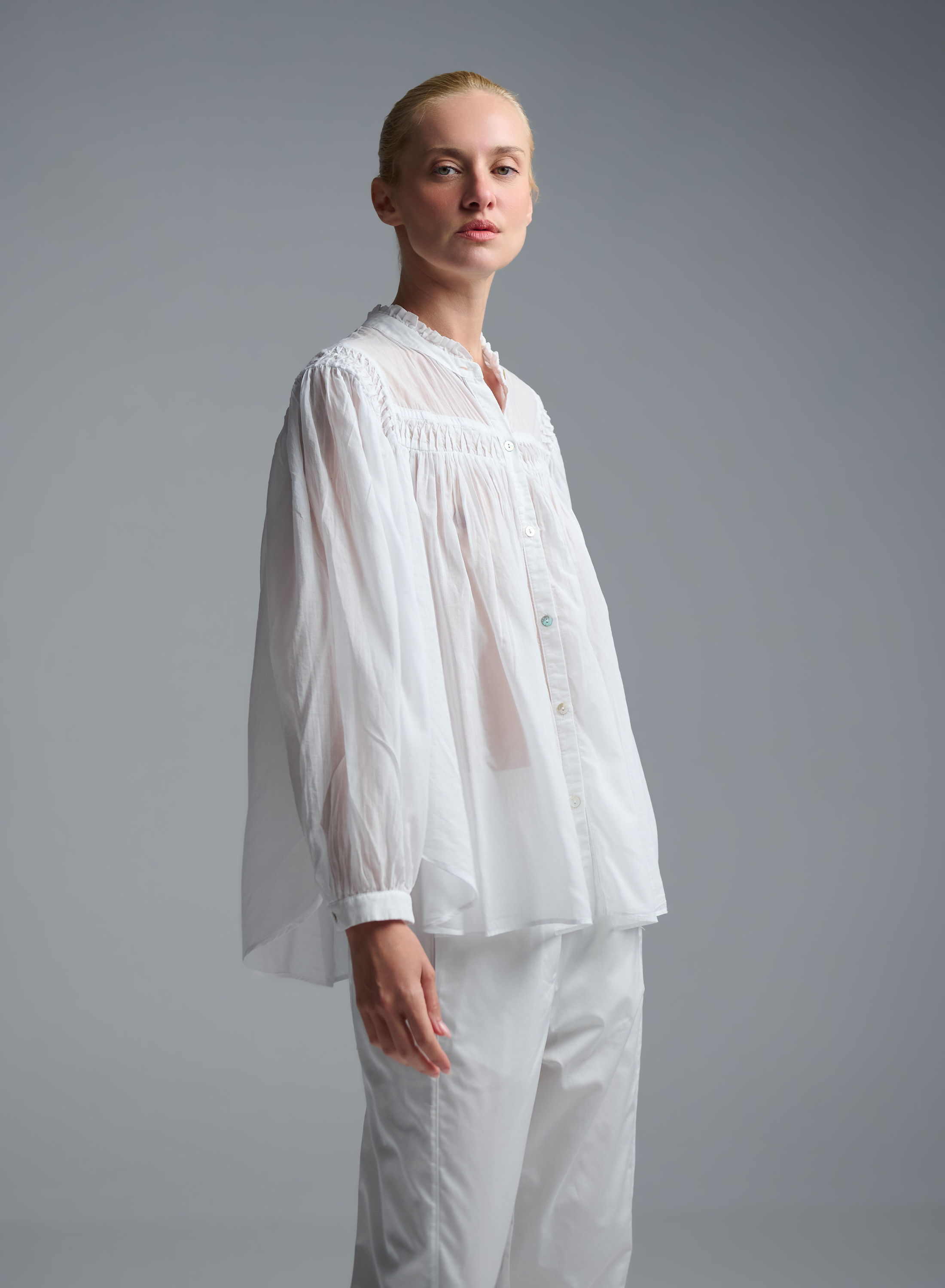 White voile Shirt with round neckline "BLOOM" Devotion Twins - 5