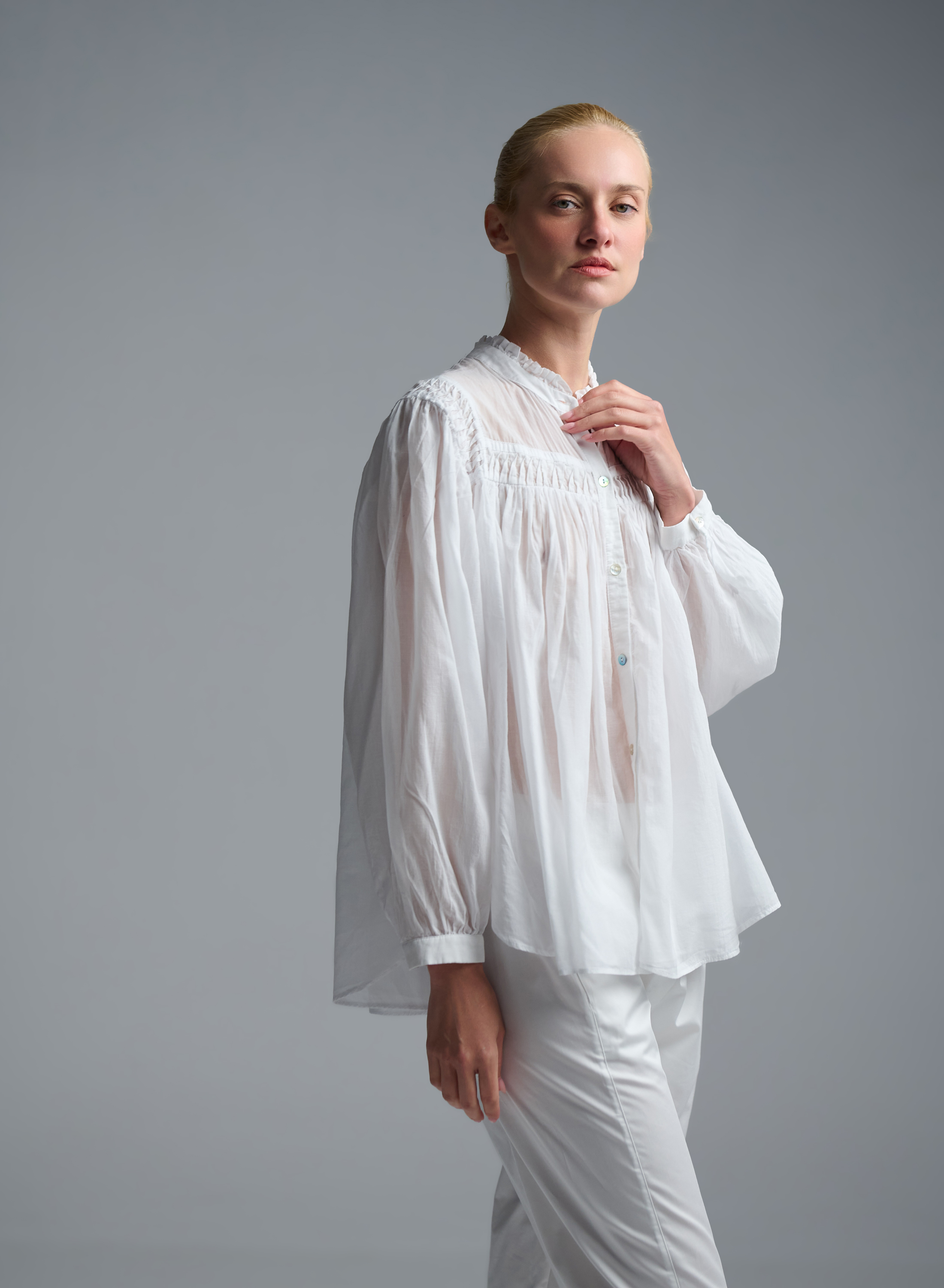 White voile Shirt with round neckline "BLOOM" Devotion Twins - 0