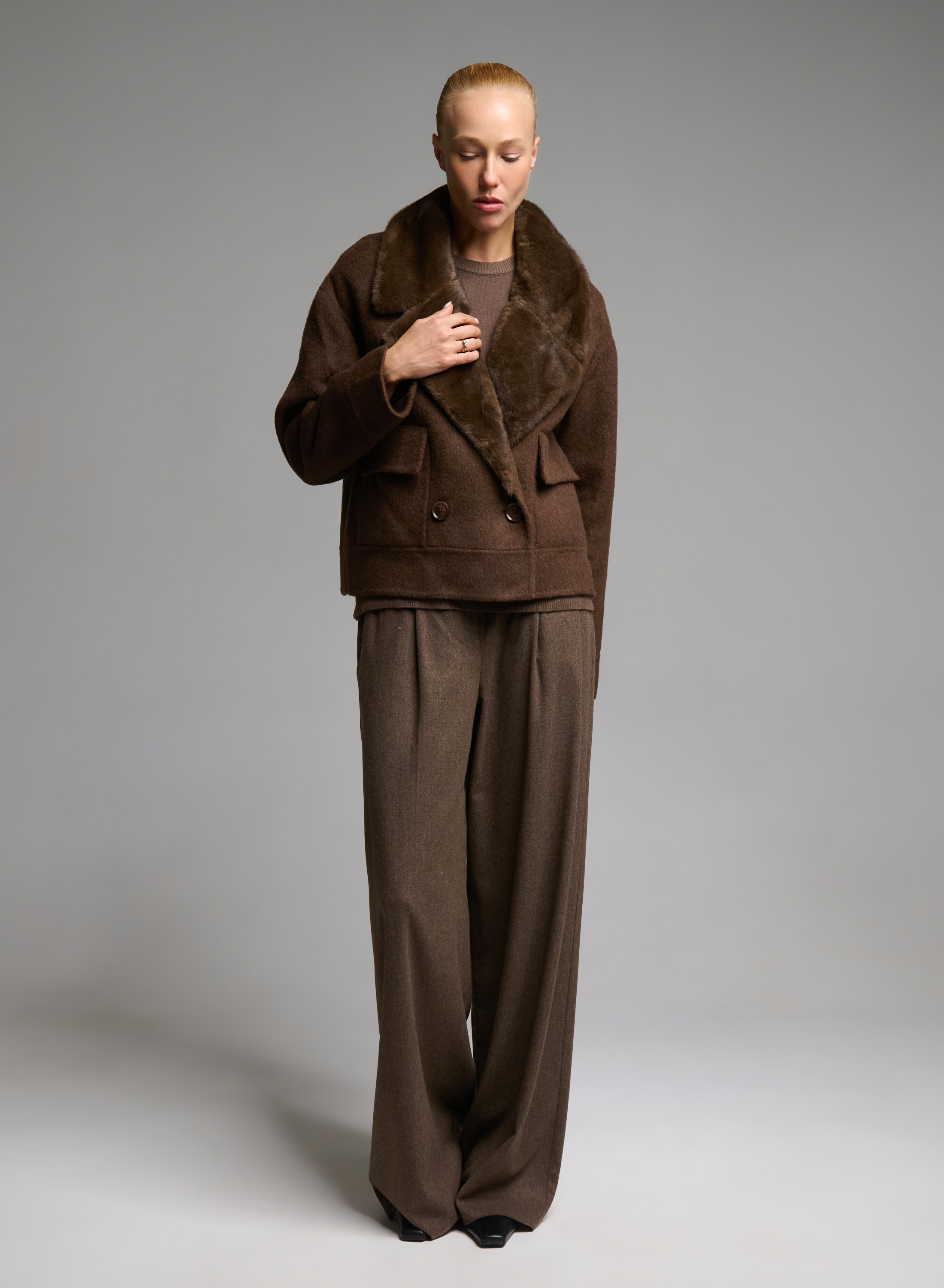 Chocolate Overcoat with eco Fur lapels Alessia Massimo - 1