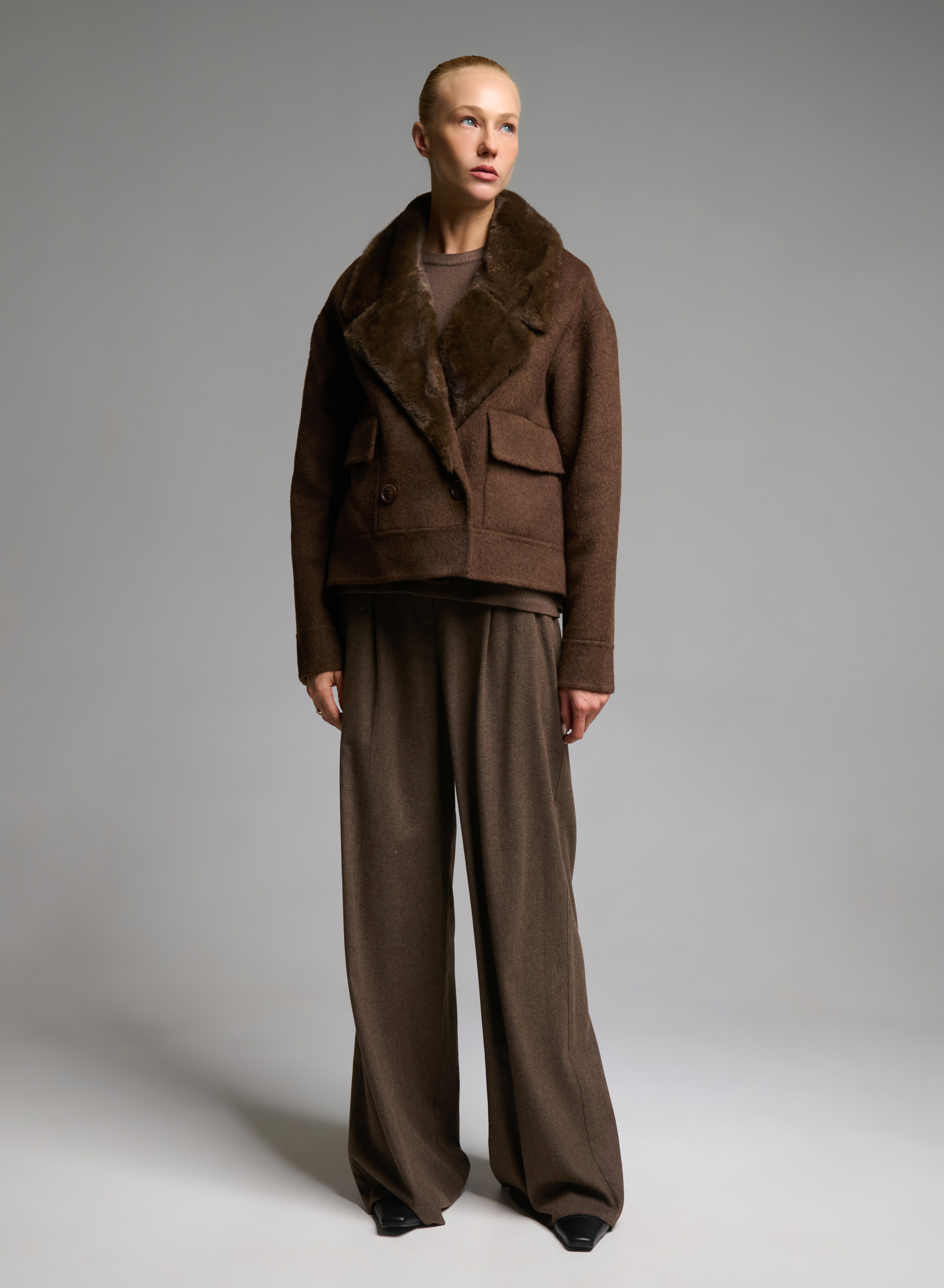 Chocolate Overcoat with eco Fur lapels Alessia Massimo - 0
